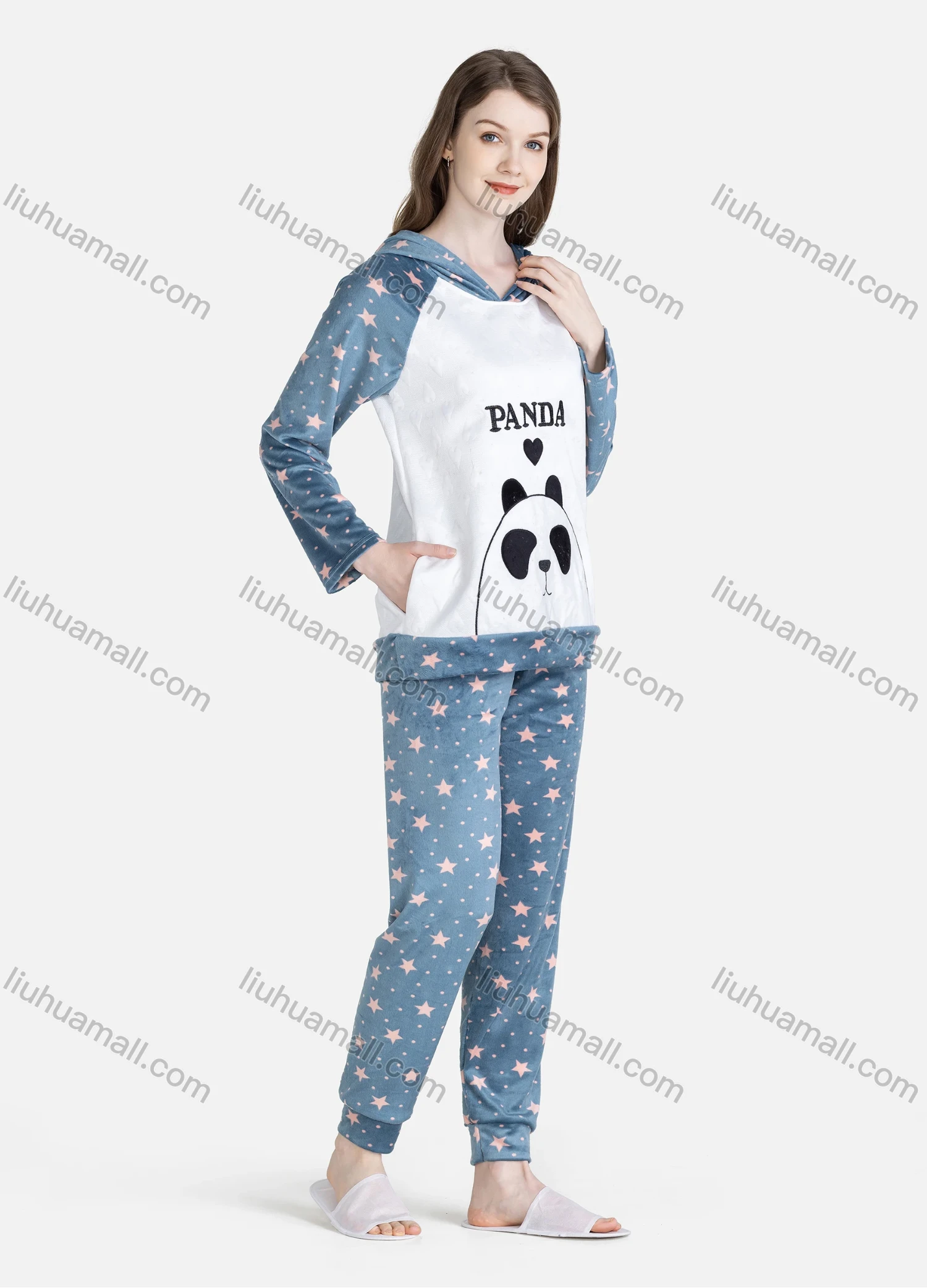 Wholesale Women's Casual Lounge Cute Hooded Pocket Long Sleeve Cartoon Star Pin Dot Print Top & Pant Pajamas Sets - Liuhuamall