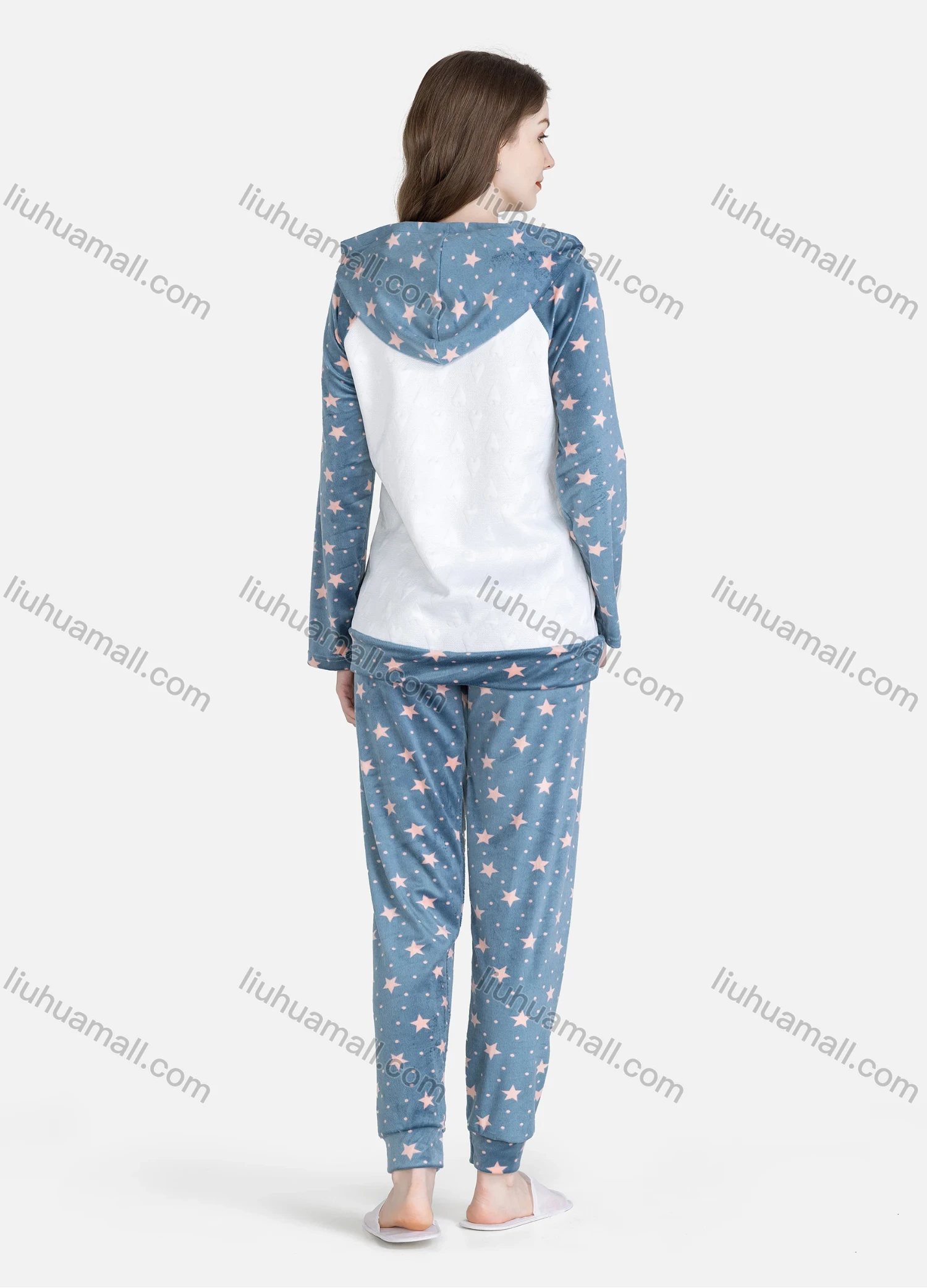 Wholesale Women's Casual Lounge Cute Hooded Pocket Long Sleeve Cartoon Star Pin Dot Print Top & Pant Pajamas Sets - Liuhuamall