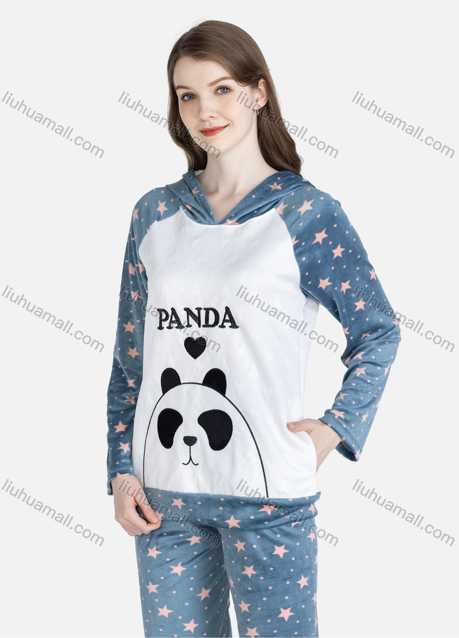 Wholesale Women's Casual Lounge Cute Hooded Pocket Long Sleeve Cartoon Star Pin Dot Print Top & Pant Pajamas Sets - Liuhuamall