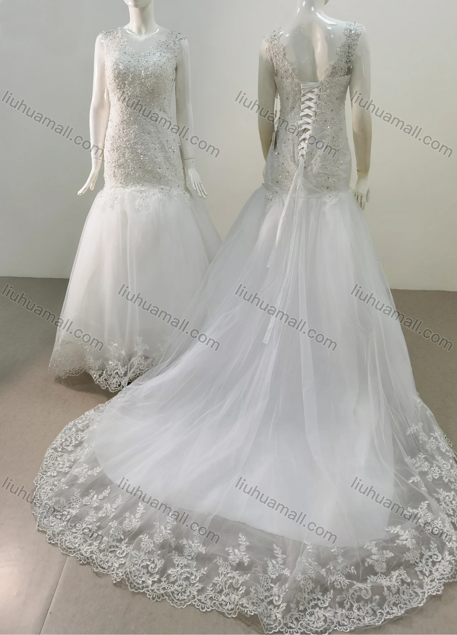 Wholesale Women's Glamorous Sweetheart Sleeveless Sequin Lace Up Back Appliques Wedding Dress 8013# - Liuhuamall