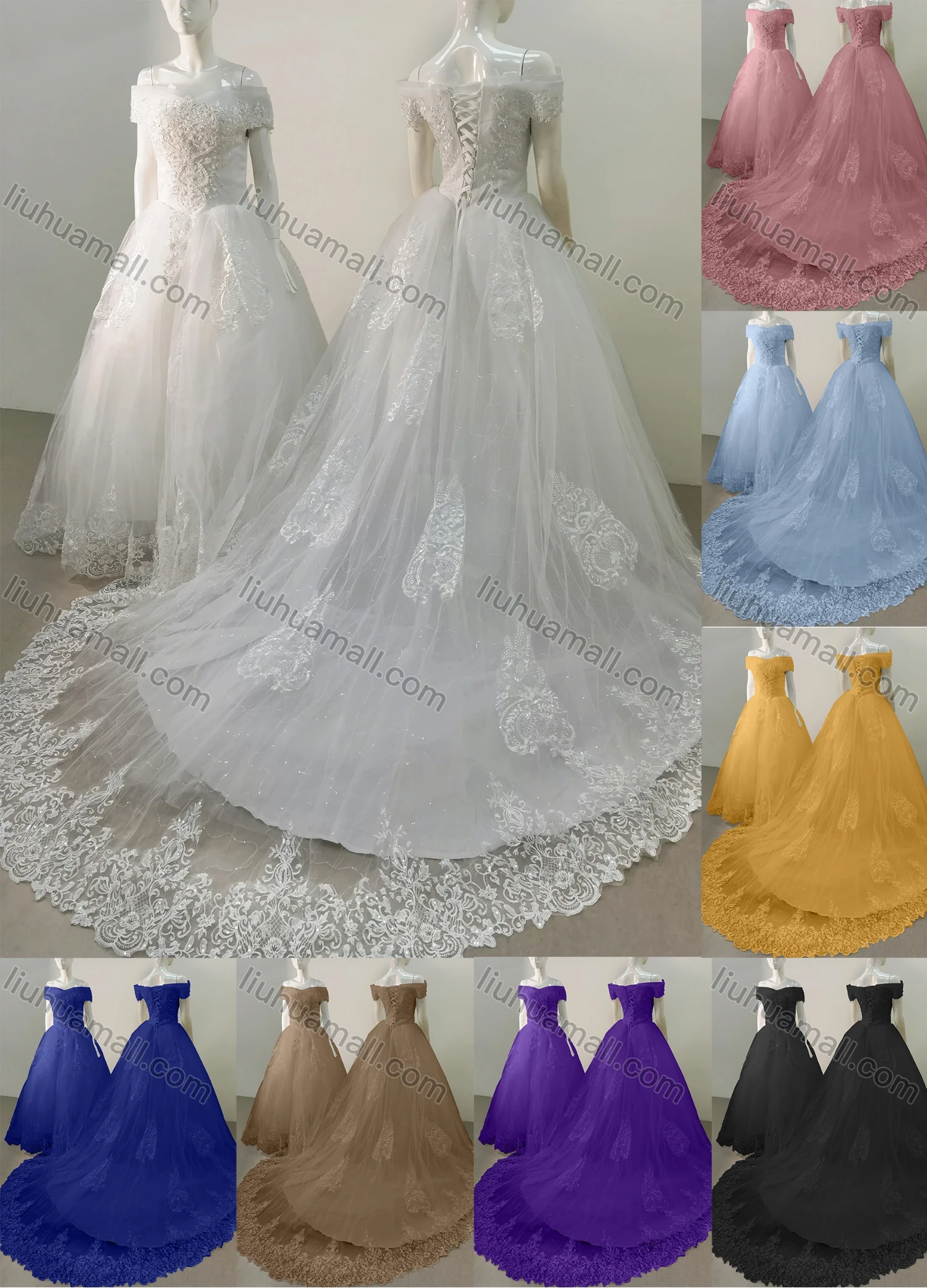 Wholesale Women's Glamorous Off Shoulder Sequin Lace Up Back Appliques Floor Length Wedding Dress 2058-1# - Liuhuamall