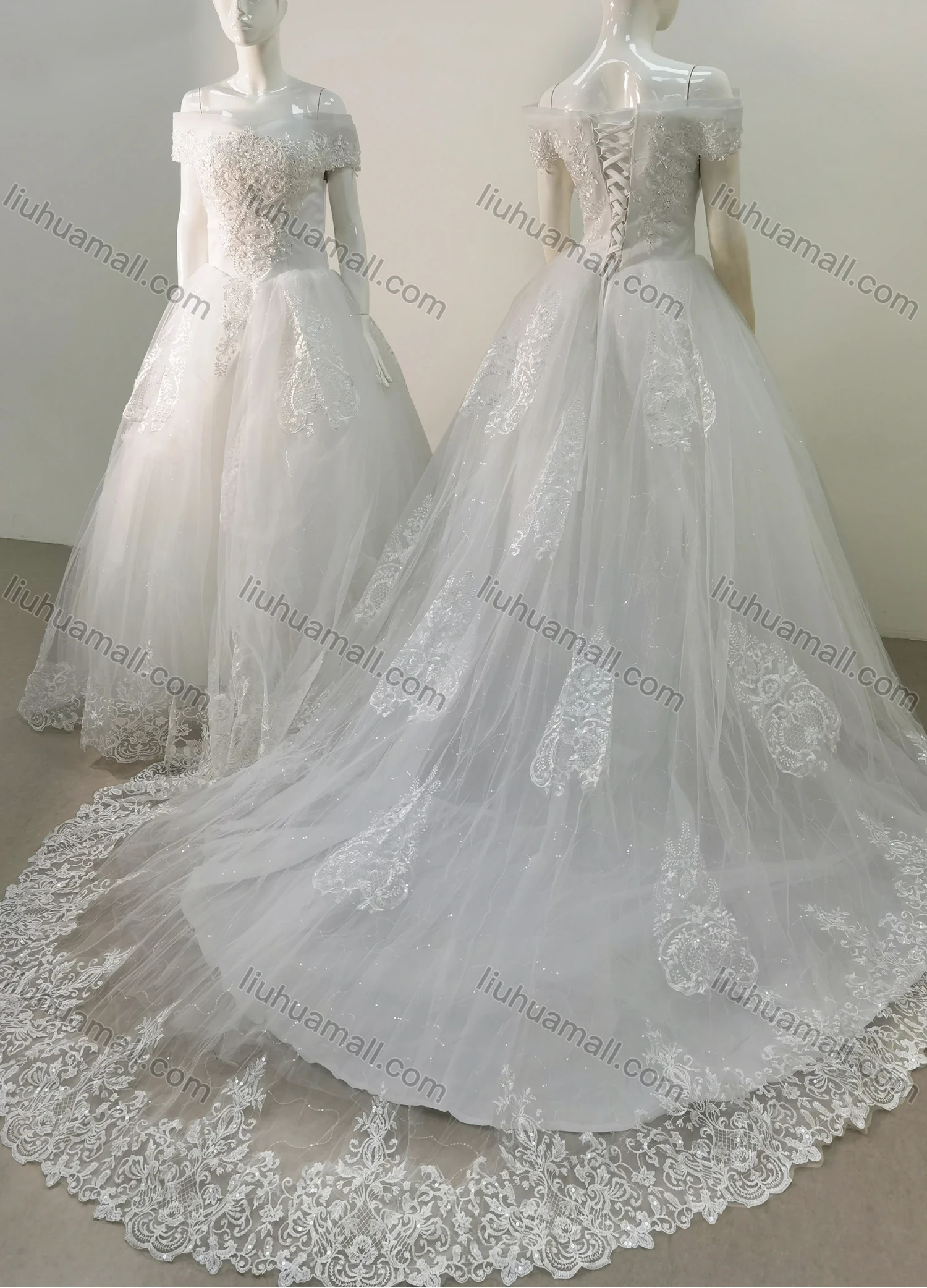 Wholesale Women's Glamorous Off Shoulder Sequin Lace Up Back Appliques Floor Length Wedding Dress 2058-1# - Liuhuamall