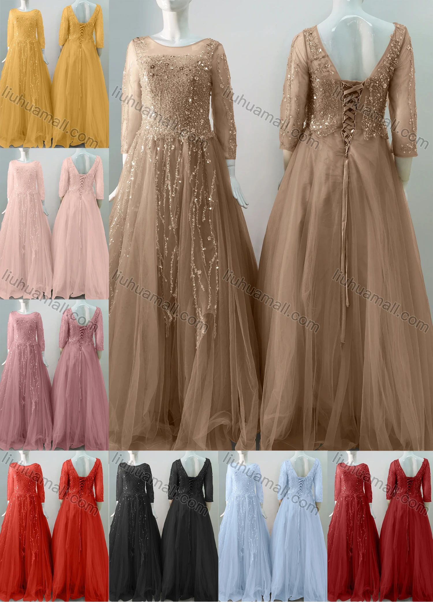 Wholesale Women's Elegant Wedding Bateau Neck 3/4 Sleeve Lace Up Pearl Decor Floor Length Bridesmaid Dress 2211# - Liuhuamall