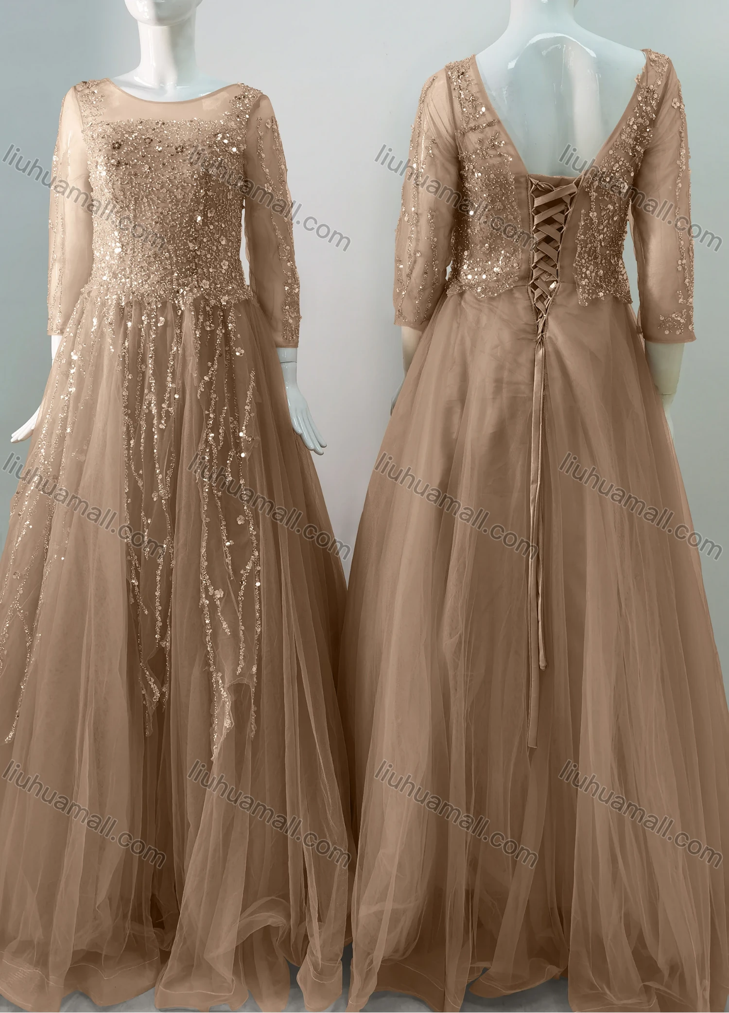 Wholesale Women's Elegant Wedding Bateau Neck 3/4 Sleeve Lace Up Pearl Decor Floor Length Bridesmaid Dress 2211# - Liuhuamall