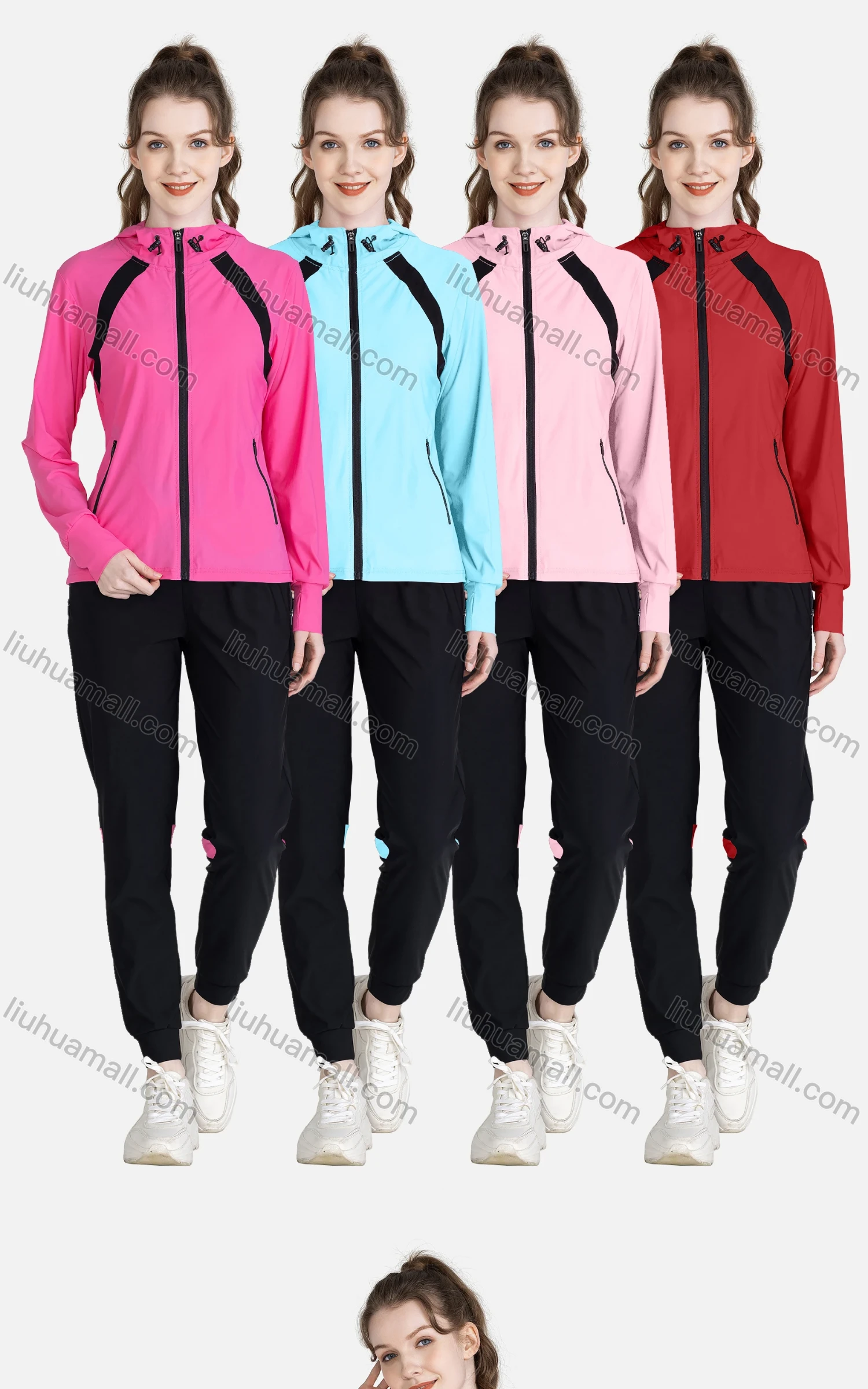 Wholesale Women's Sporty 2 Pieces Hooded Long Sleeve Pockets Zipper Jacket & Jogger Pant Sets - Liuhuamall