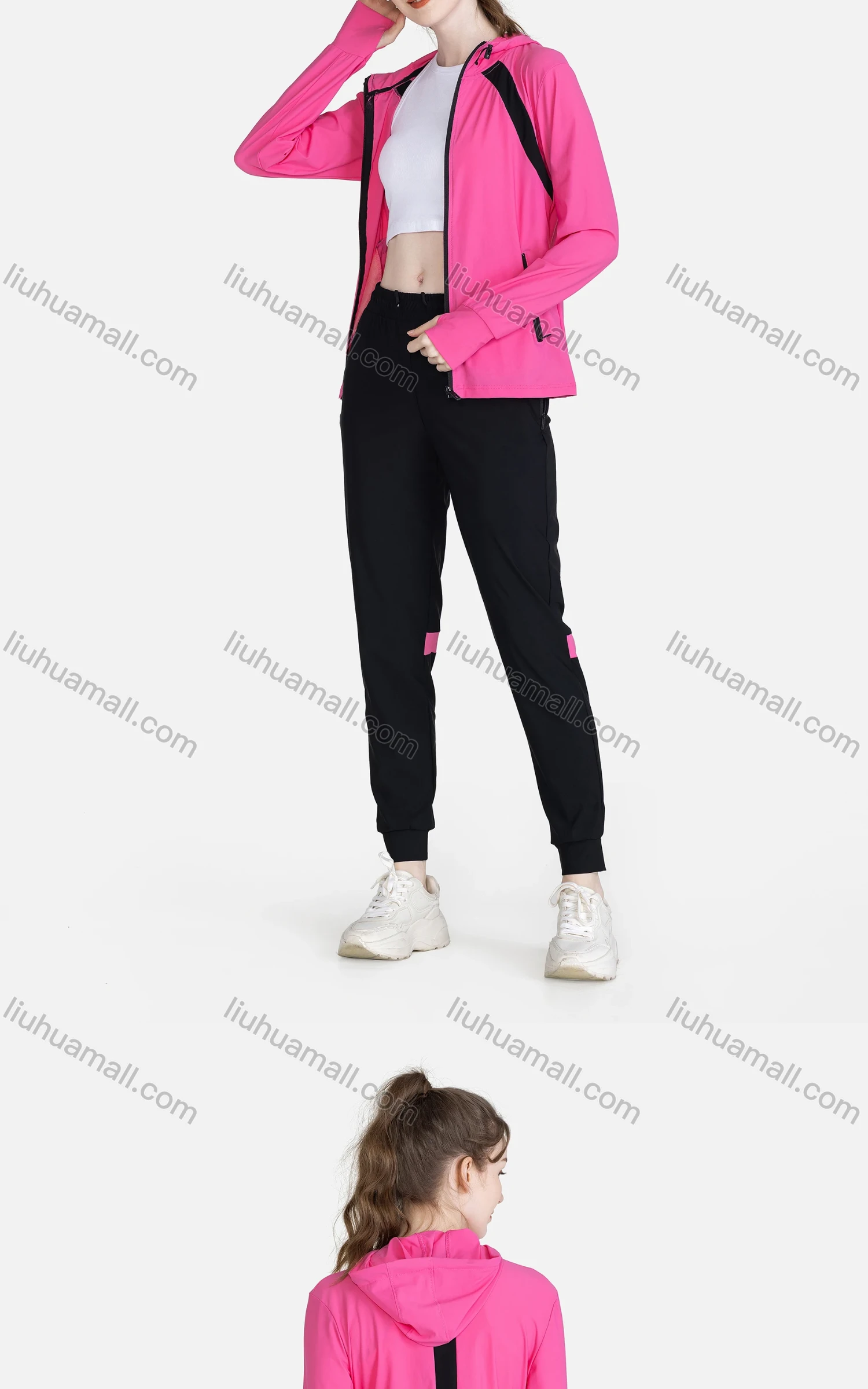 Wholesale Women's Sporty 2 Pieces Hooded Long Sleeve Pockets Zipper Jacket & Jogger Pant Sets - Liuhuamall