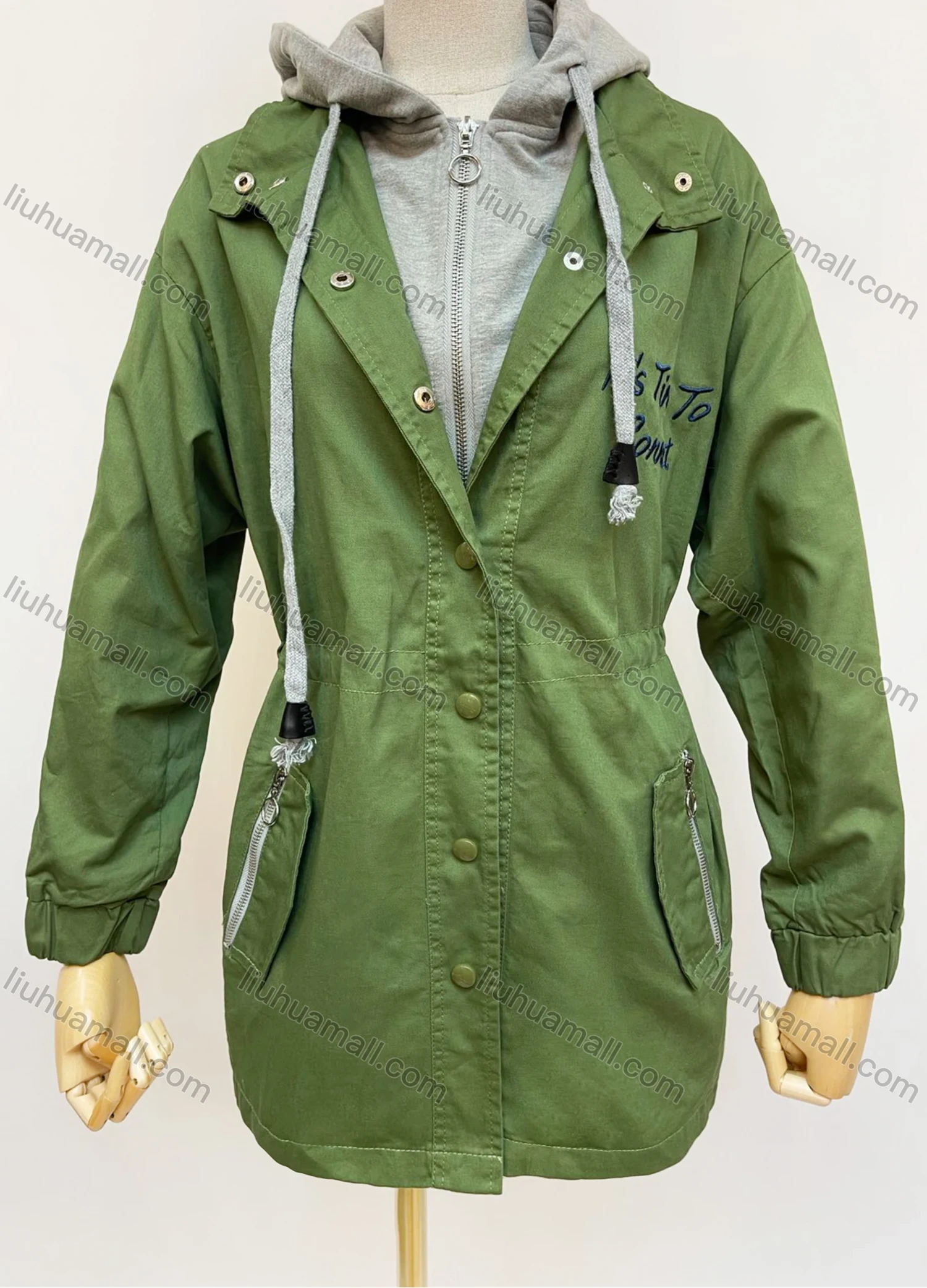 Wholesale Women's Casual Lapel Long Sleeve Embroidered Zipper Pockets Button Front Windbreaker - Liuhuamall