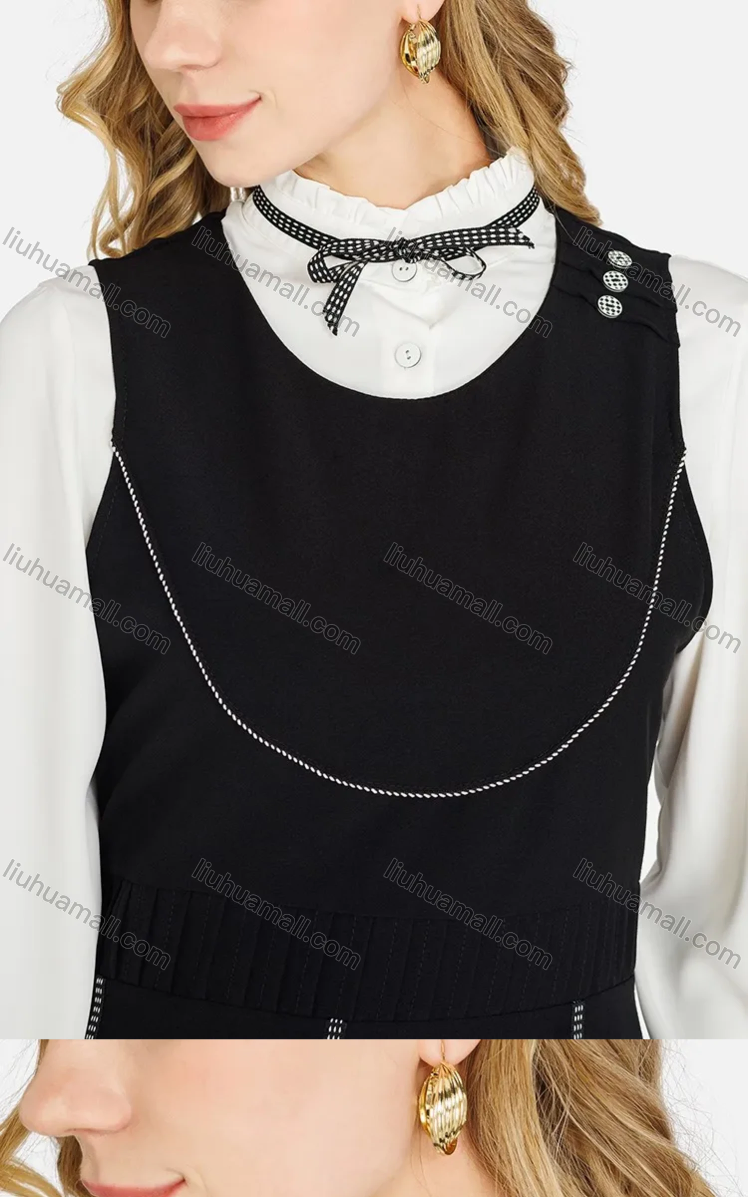 Wholesale  Women's Tie Neck Long Sleeve Shirts With  Crew Neck Tie back Maxi Tank Dress 2-Piece Se With Beltt - Liuhuamall