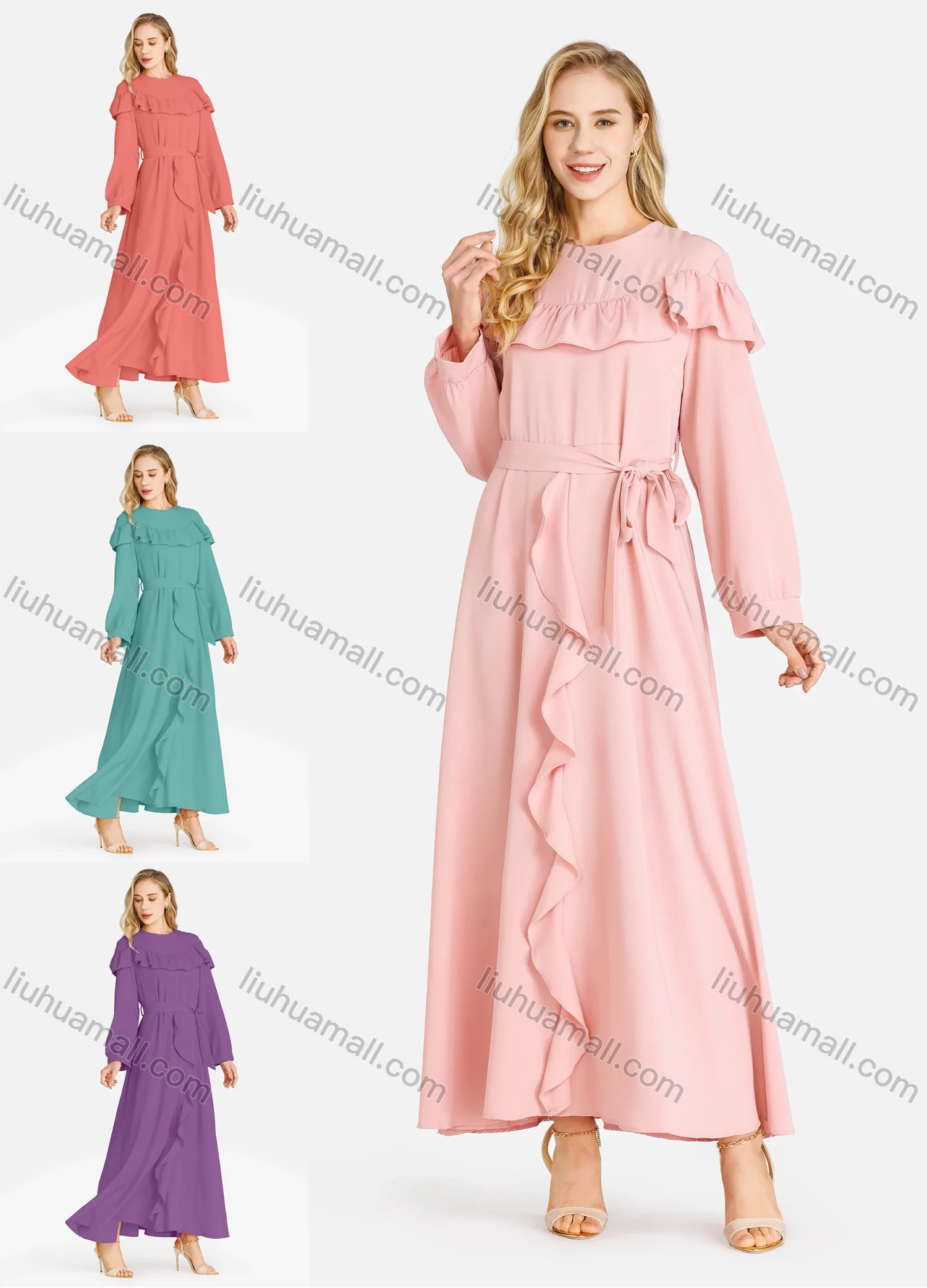 Wholesale Women's Casual Plain Tie Front Ruffle Trim Crew Neck Long Sleeve Maxi Dress With Belt - Liuhuamall