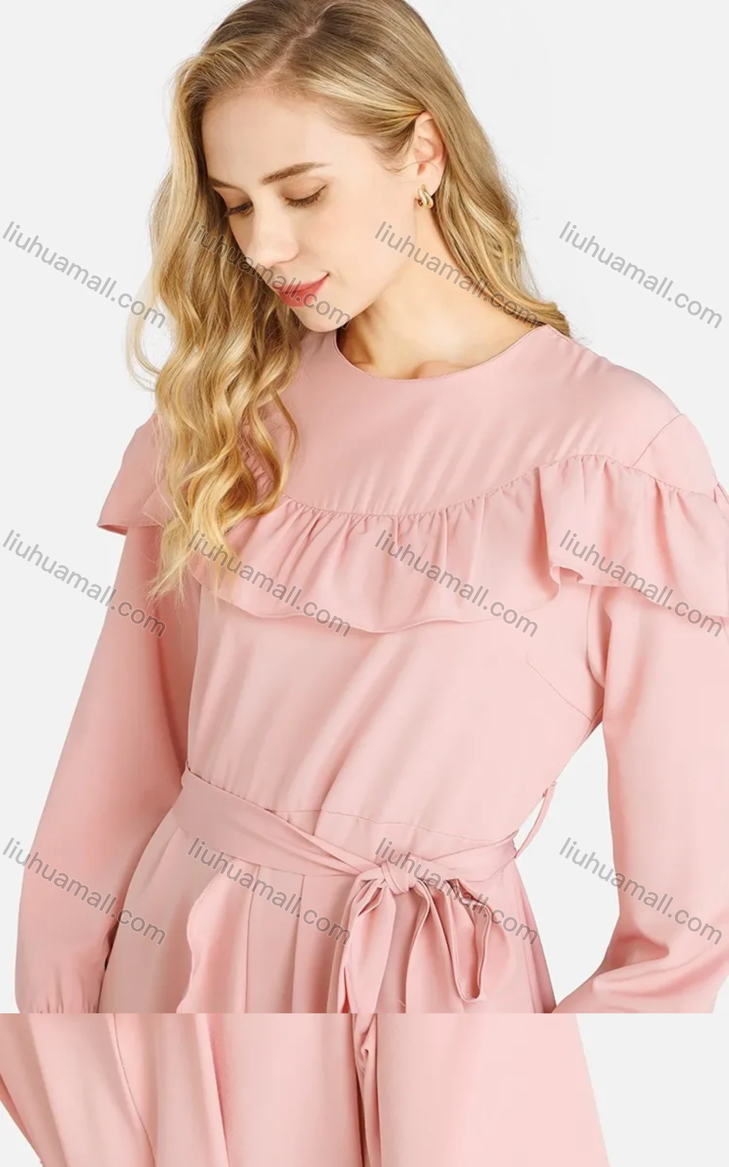 Wholesale Women's Casual Plain Tie Front Ruffle Trim Crew Neck Long Sleeve Maxi Dress With Belt - Liuhuamall