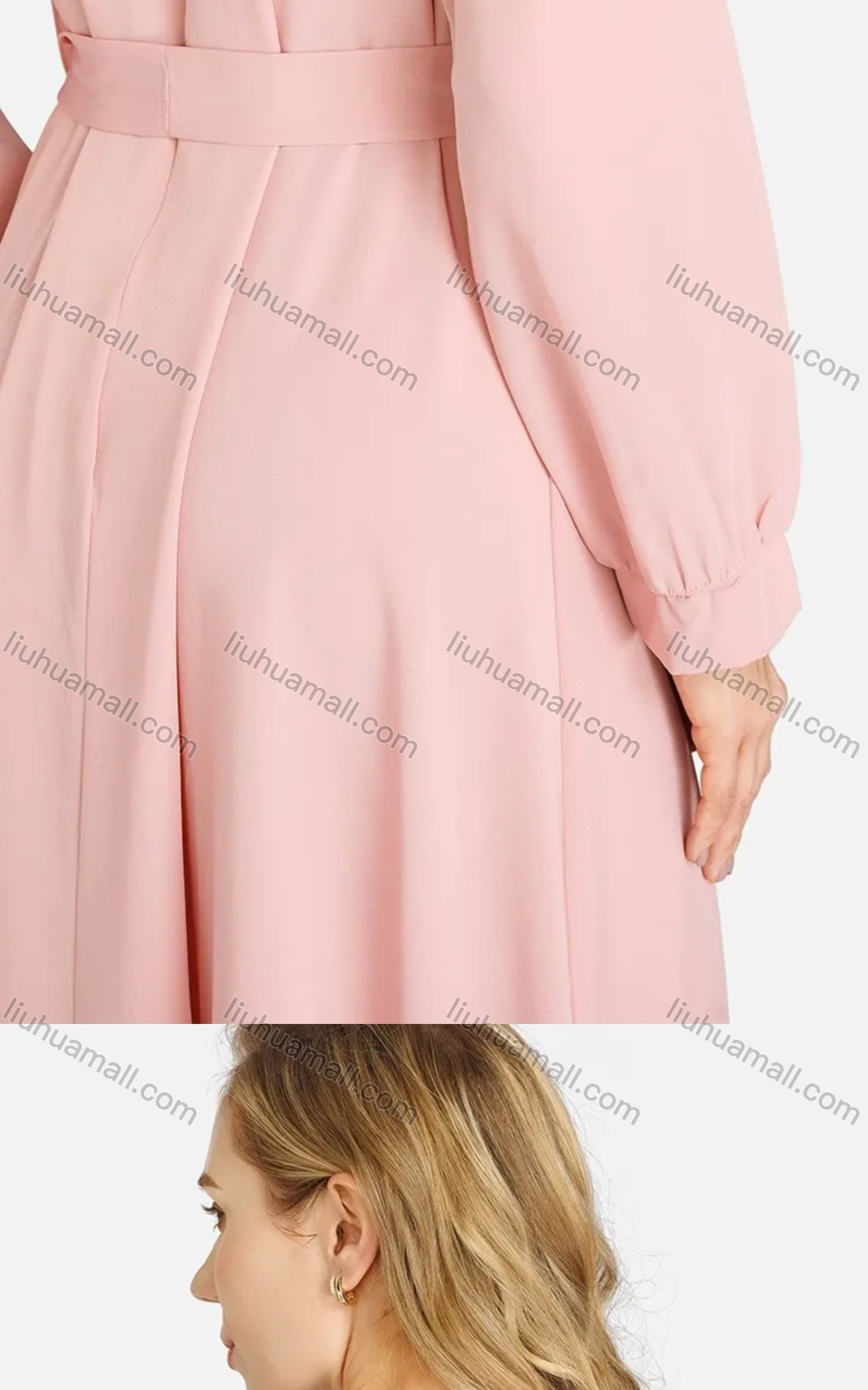 Wholesale Women's Casual Plain Tie Front Ruffle Trim Crew Neck Long Sleeve Maxi Dress With Belt - Liuhuamall