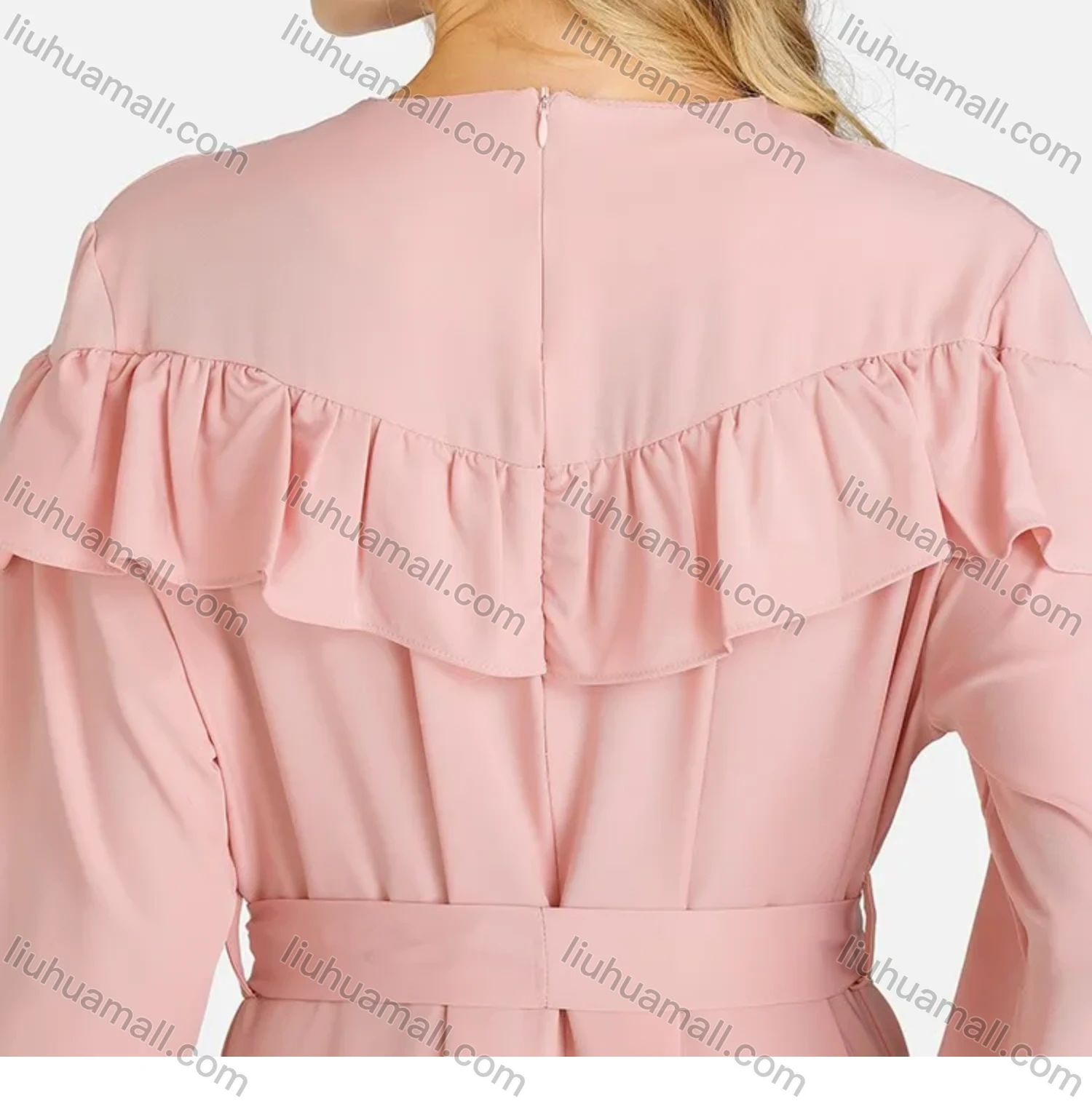 Wholesale Women's Casual Plain Tie Front Ruffle Trim Crew Neck Long Sleeve Maxi Dress With Belt - Liuhuamall