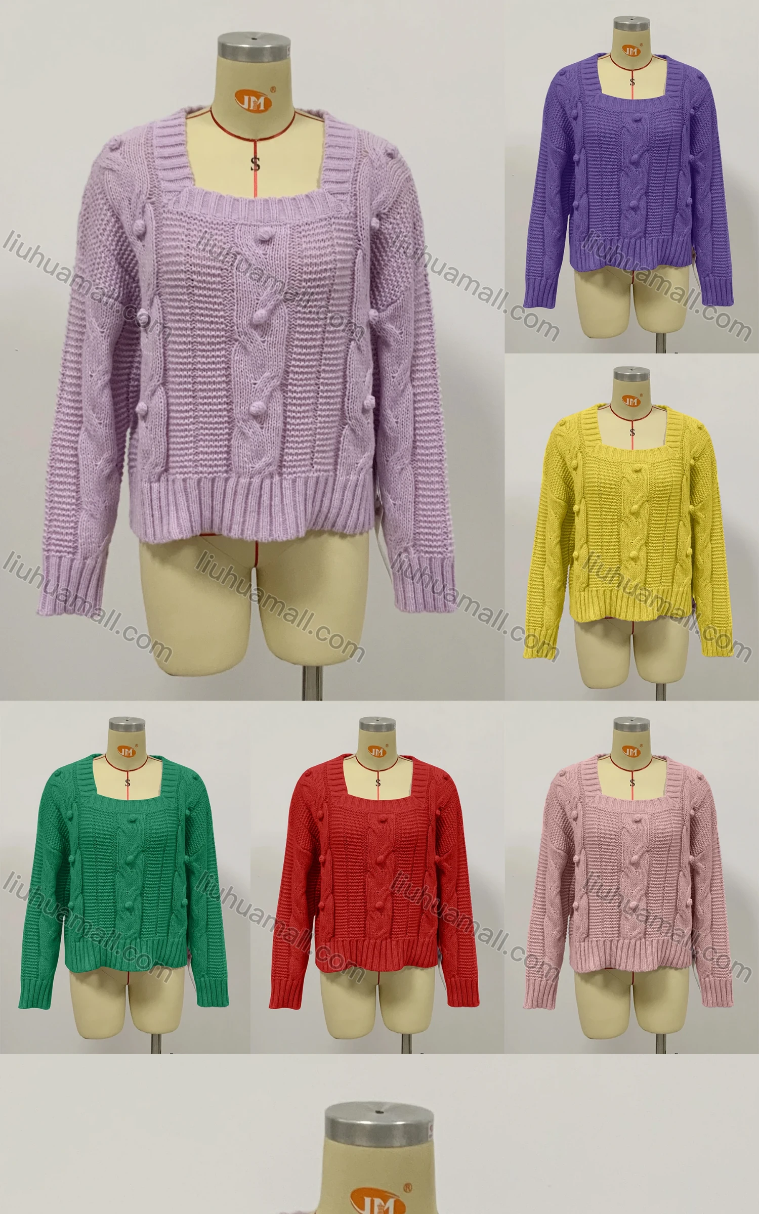Wholesale Women's Casual Square Neck Long Sleeve Cable Knit Plain Pullover Sweater - Liuhuamall