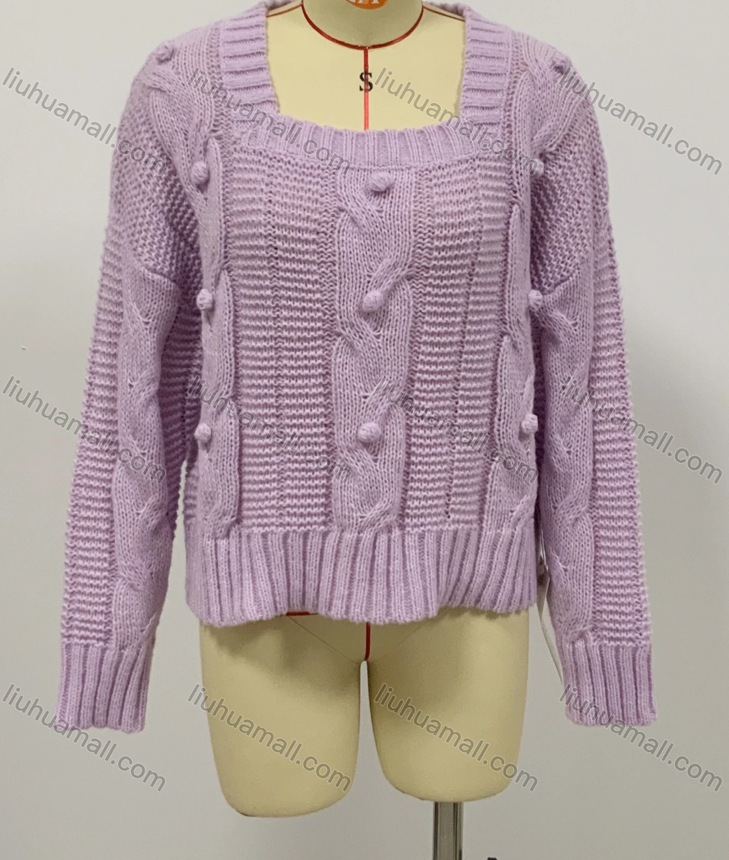 Wholesale Women's Casual Square Neck Long Sleeve Cable Knit Plain Pullover Sweater - Liuhuamall