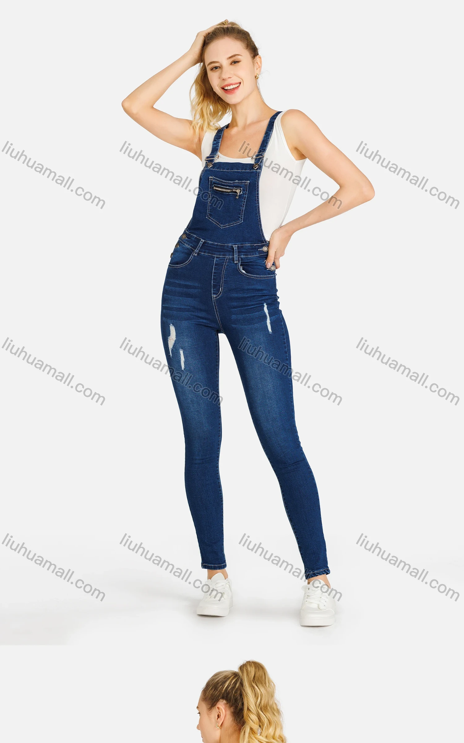 Wholesale Women's Casual Slim Fit Adjustable Strap Distressed Patch Pocket Overall - Liuhuamall