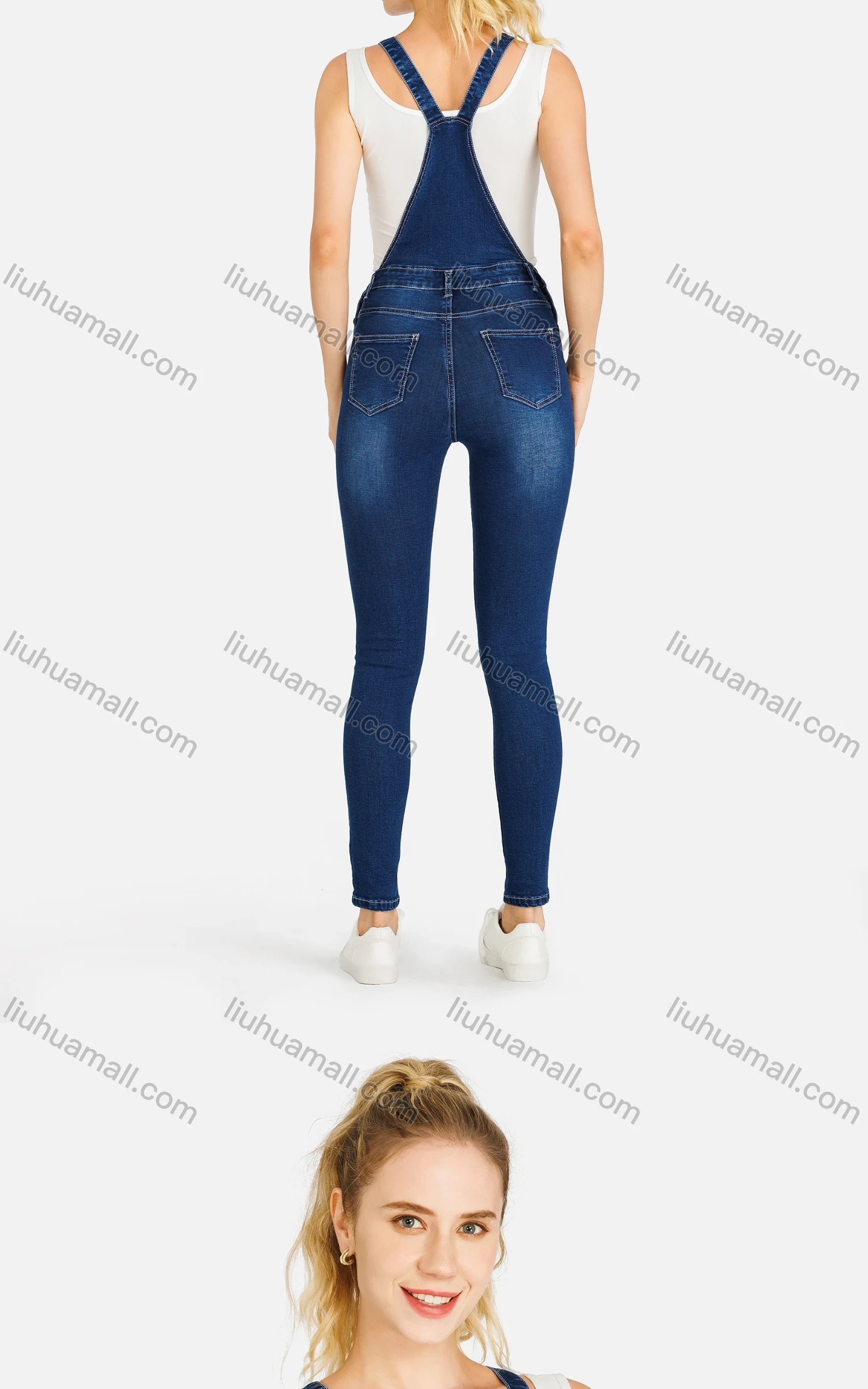 Wholesale Women's Casual Slim Fit Adjustable Strap Distressed Patch Pocket Overall - Liuhuamall