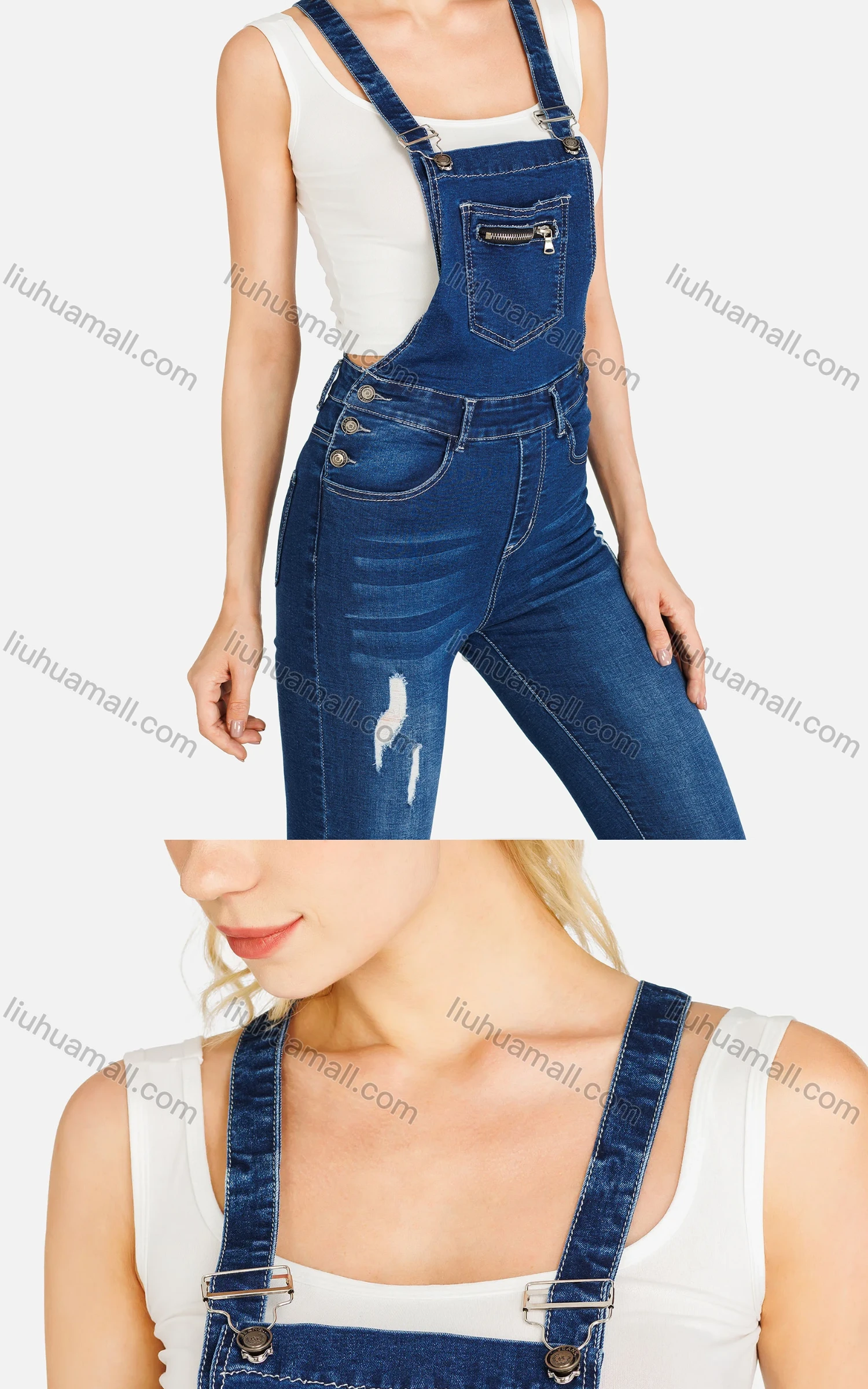 Wholesale Women's Casual Slim Fit Adjustable Strap Distressed Patch Pocket Overall - Liuhuamall