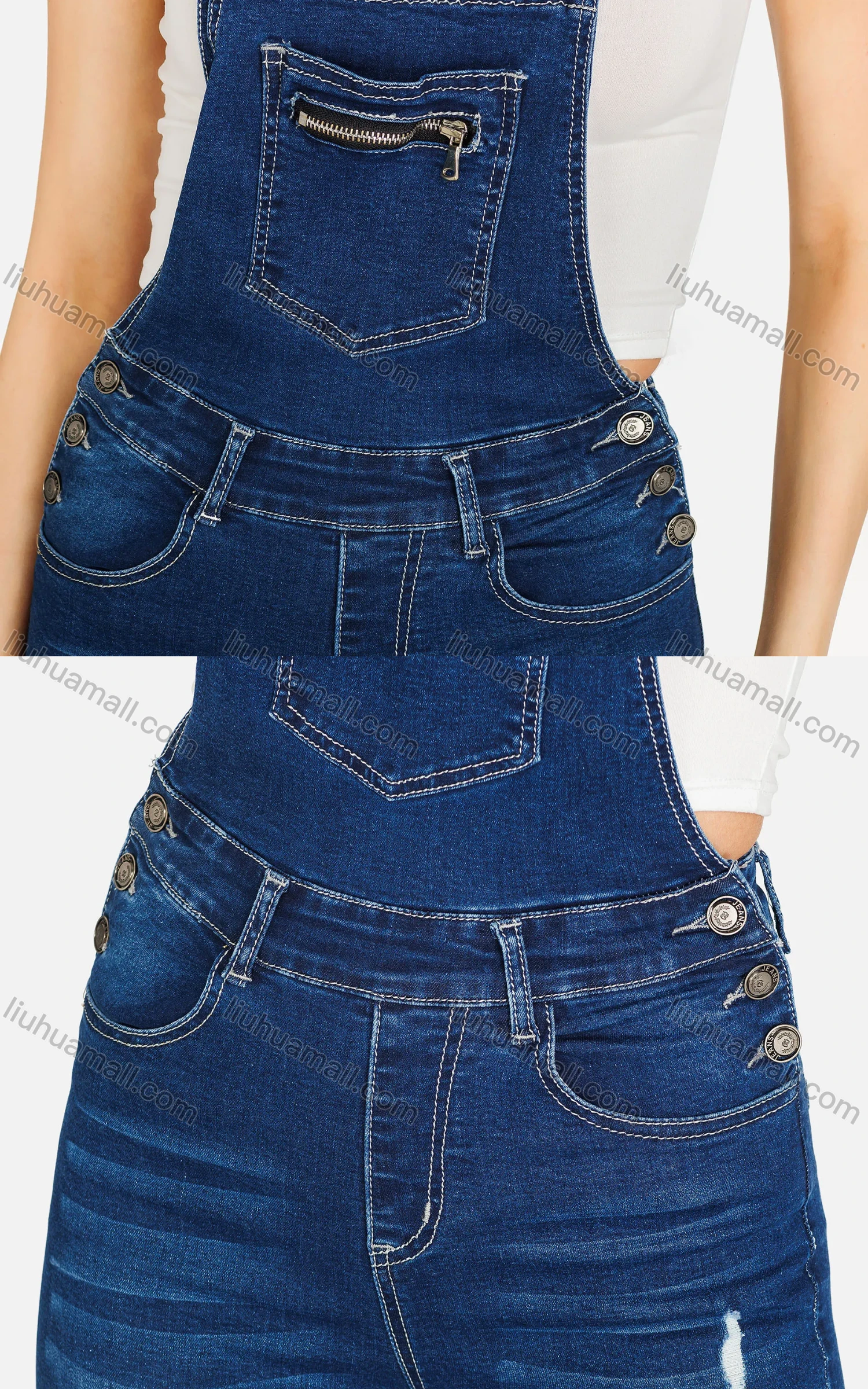 Wholesale Women's Casual Slim Fit Adjustable Strap Distressed Patch Pocket Overall - Liuhuamall