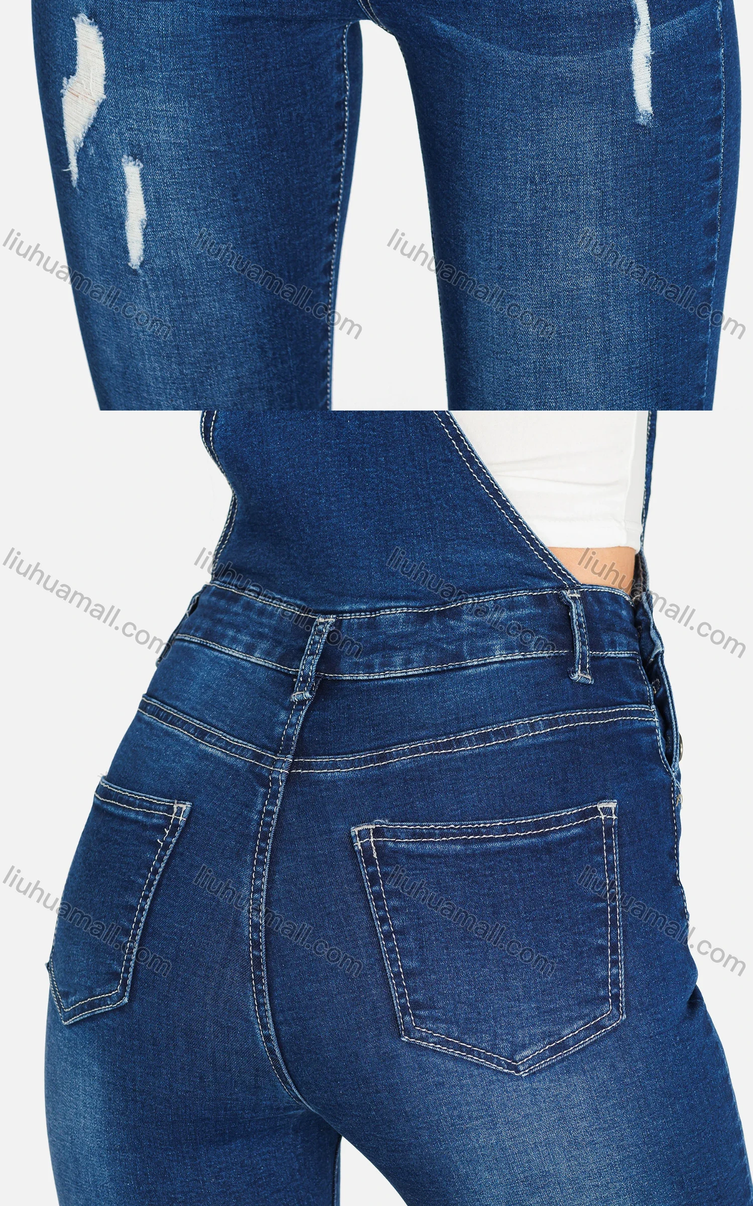 Wholesale Women's Casual Slim Fit Adjustable Strap Distressed Patch Pocket Overall - Liuhuamall
