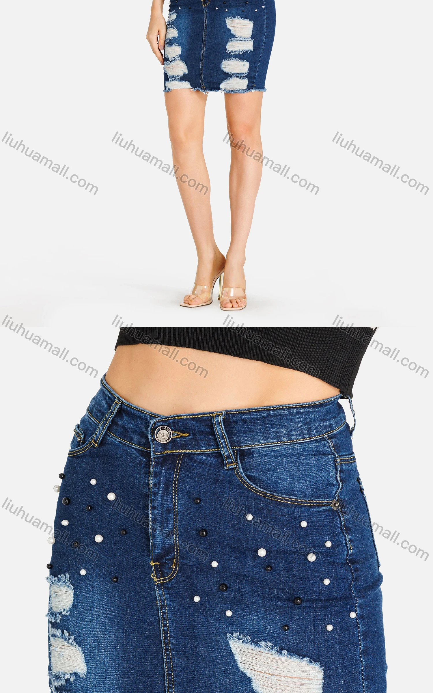 Wholesale Women's Casual Pockets Distressed Slit Back Beaded Denim Pencil Short Skirt - Liuhuamall