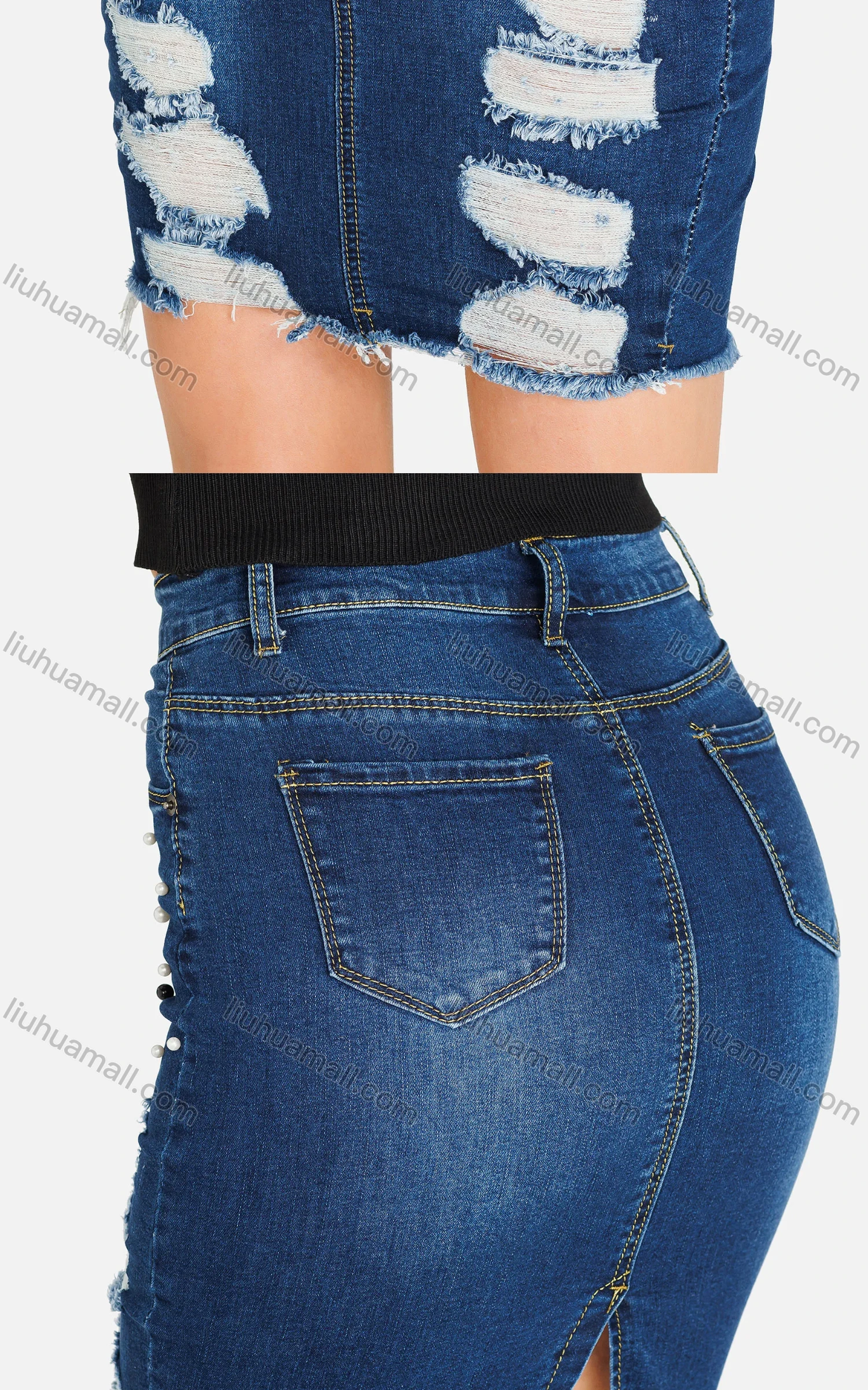 Wholesale Women's Casual Pockets Distressed Slit Back Beaded Denim Pencil Short Skirt - Liuhuamall