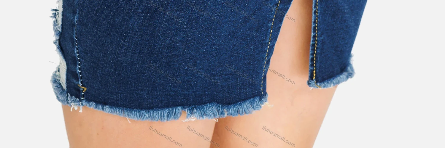 Wholesale Women's Casual Pockets Distressed Slit Back Beaded Denim Pencil Short Skirt - Liuhuamall