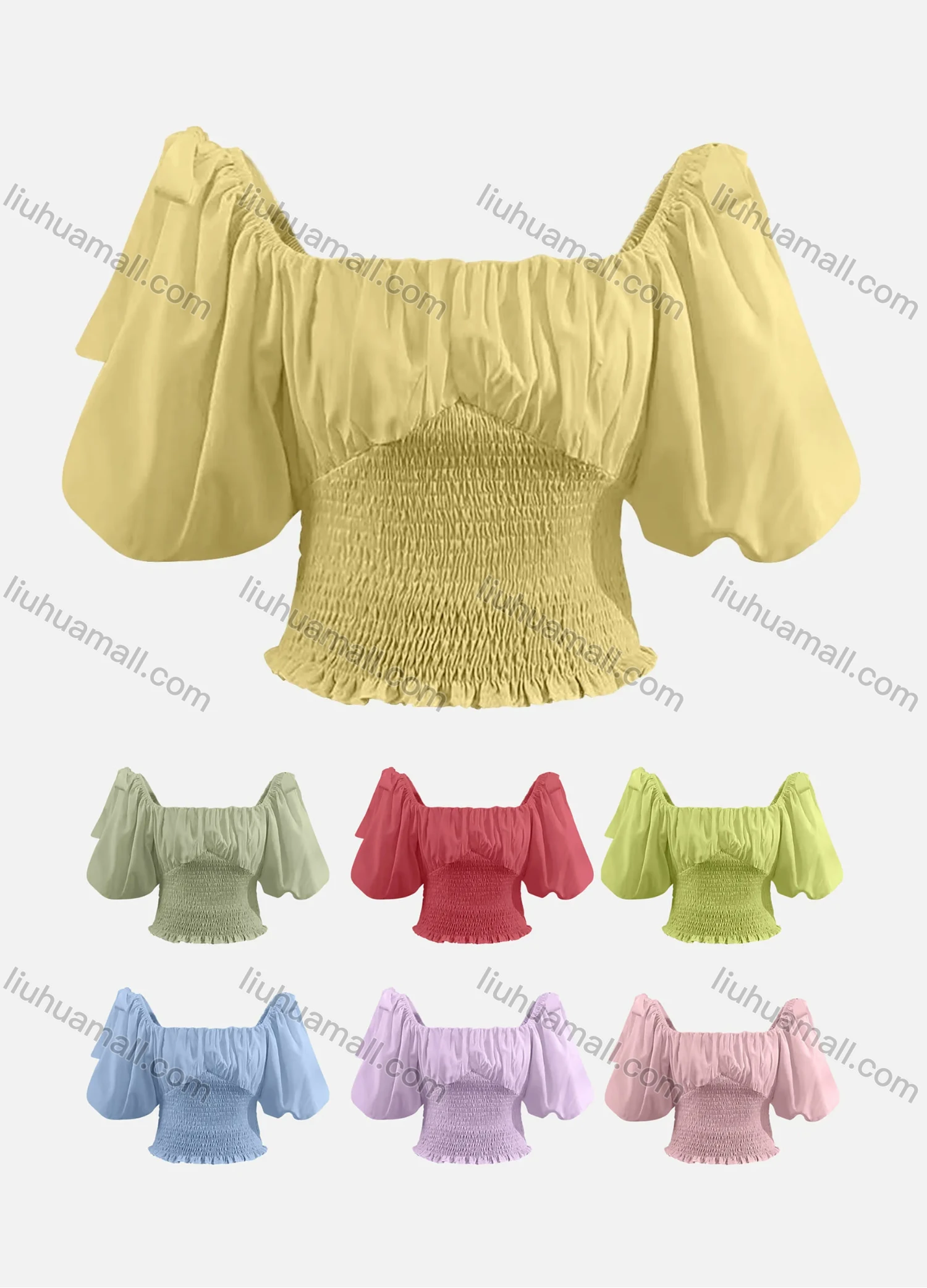 Wholesale Women's Casual Plain Bateau Neck Shirred Ruched Ruffle Trim Puff Sleeve Blouse - Liuhuamall