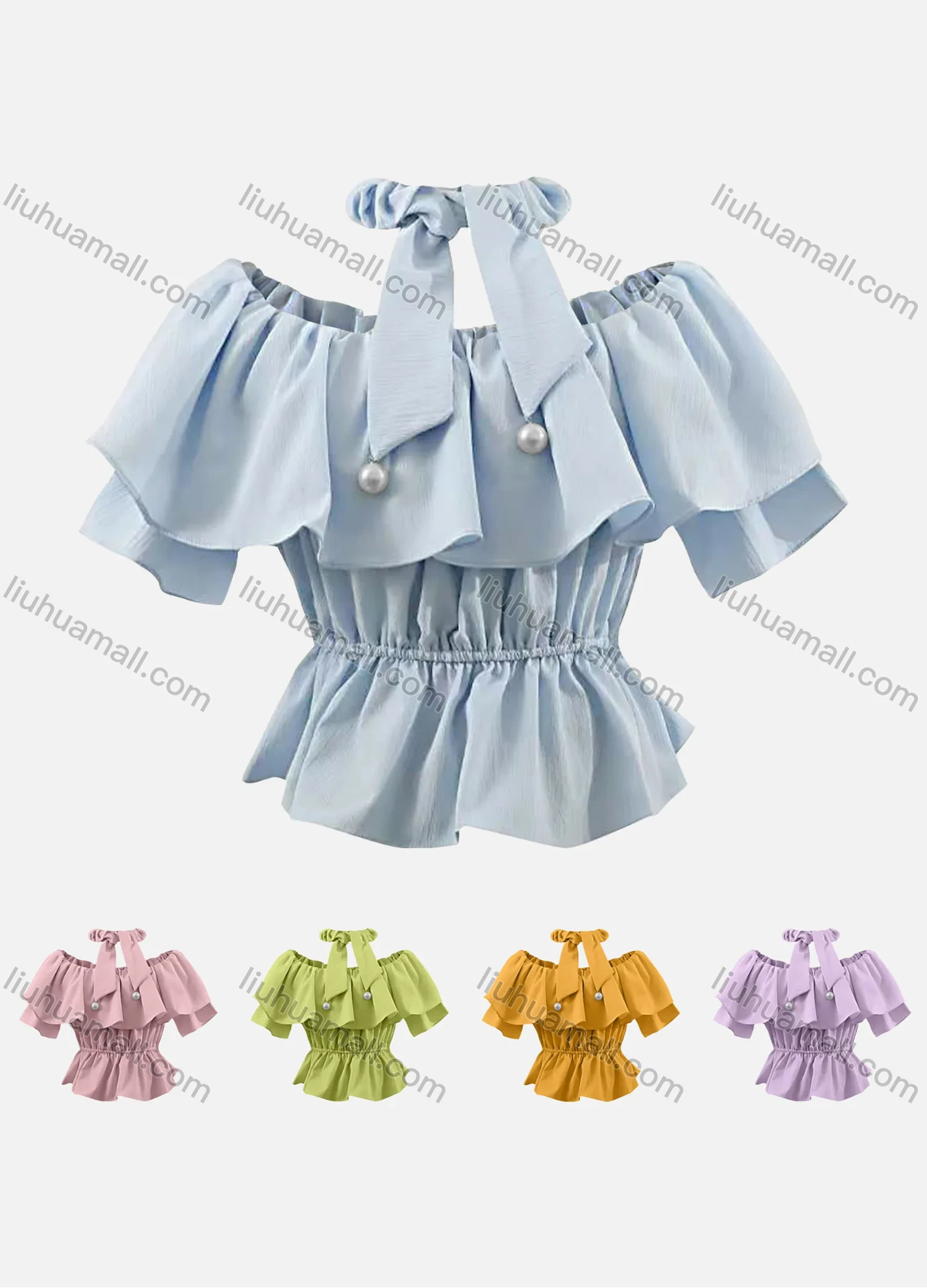 Wholesale Women's Casual Plain Off Shoulder Ruffle Hem Peplum Pearl Decor Blouse With Neck Tie - Liuhuamall