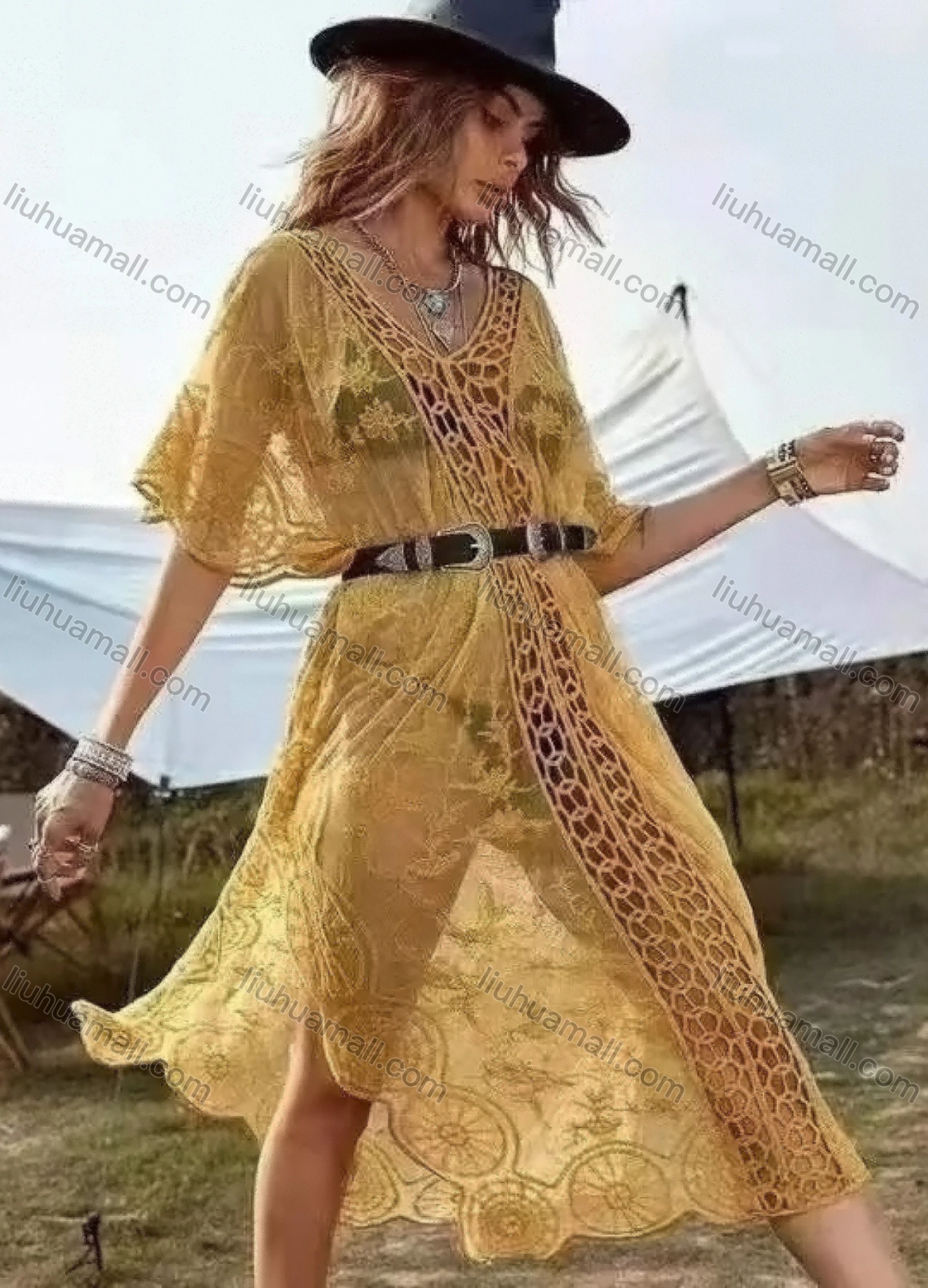 Wholesale Women's Sexy V Neck See Through Hollow Out Embroidered Cover Up Dress - Liuhuamall