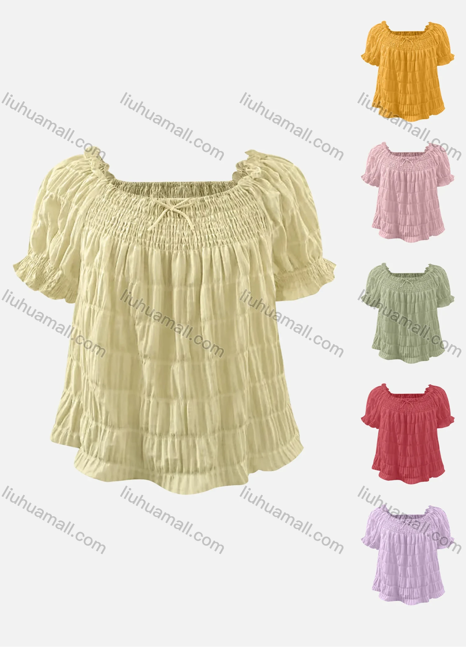 Wholesale Women's Casual Plain Bow Tie Shirred Short Sleeve Ruffle Trim Blouse - Liuhuamall