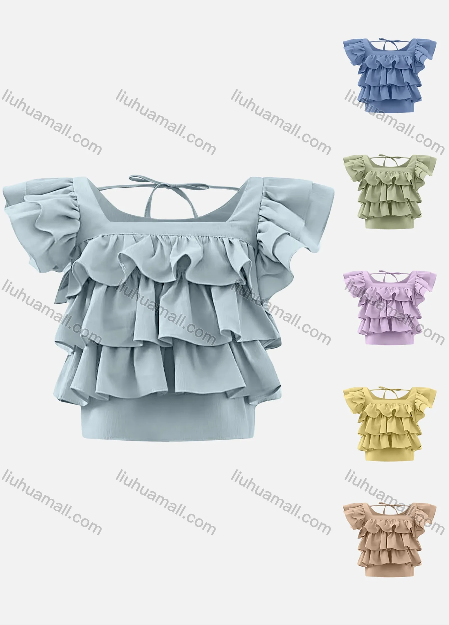 Wholesale Women's Casual Plain Square Neck Cap Layered Sleeve Ruffle Trim Blouse - Liuhuamall