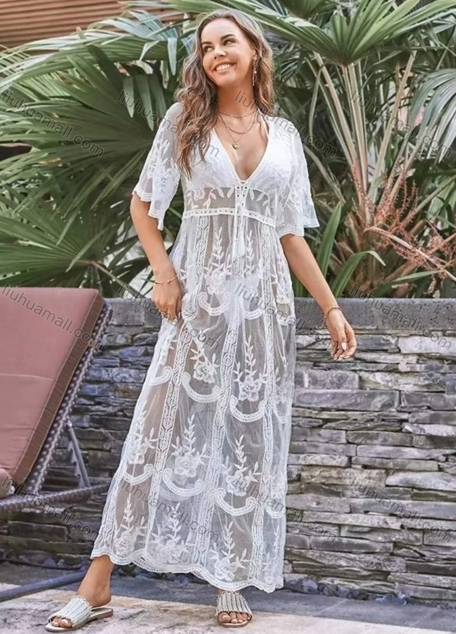 Wholesale Women's Sexy See Through Sheer Lace Embroidered Cover Up Dress - Liuhuamall