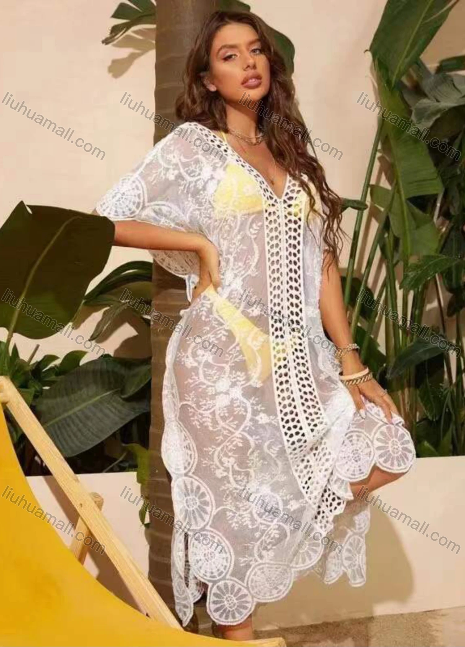 Wholesale Women's Sexy V Neck See Through Hollow Out Embroidered Cover Up Dress - Liuhuamall