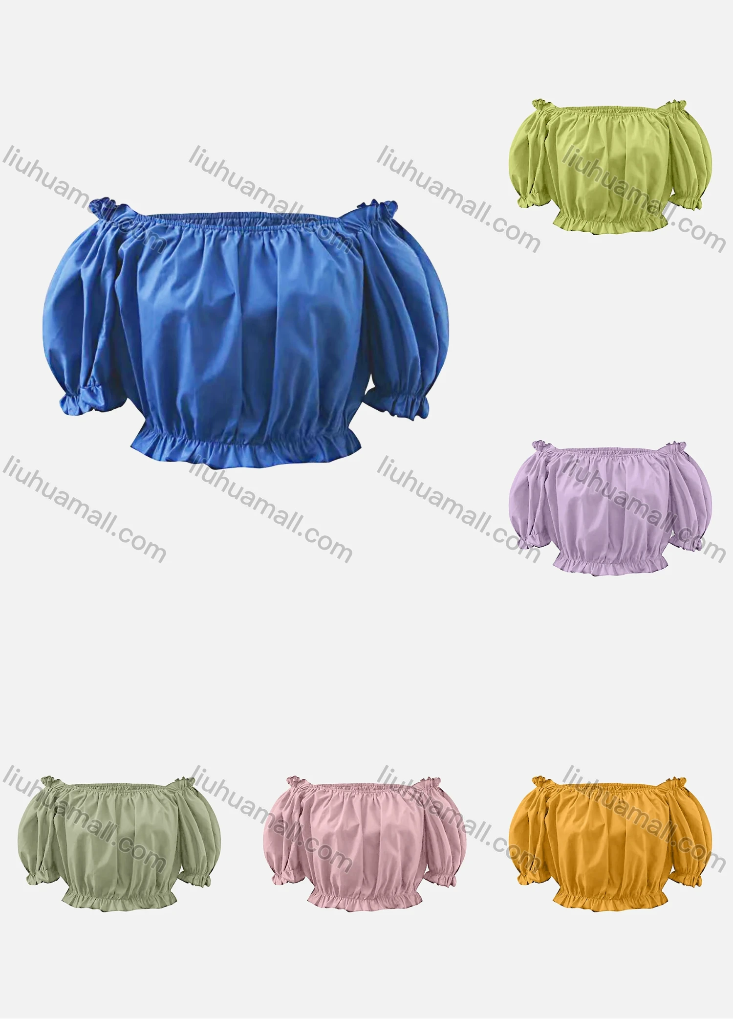 Wholesale Women's Casual Plain Off Shoulder Puff Sleeve Ruffle Trim Ruched Crop Blouse - Liuhuamall