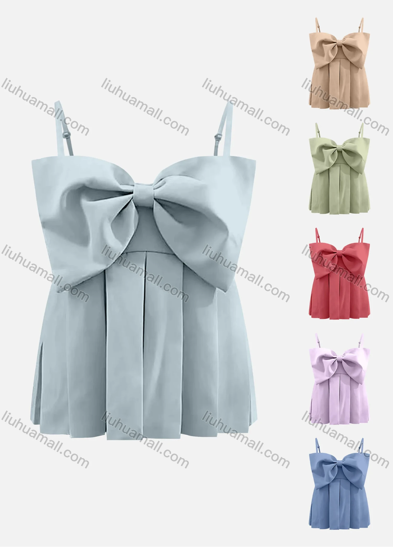 Wholesale Women's Casual Plain Spaghetti Strap Bow Knot Pleated Hem Blouse - Liuhuamall