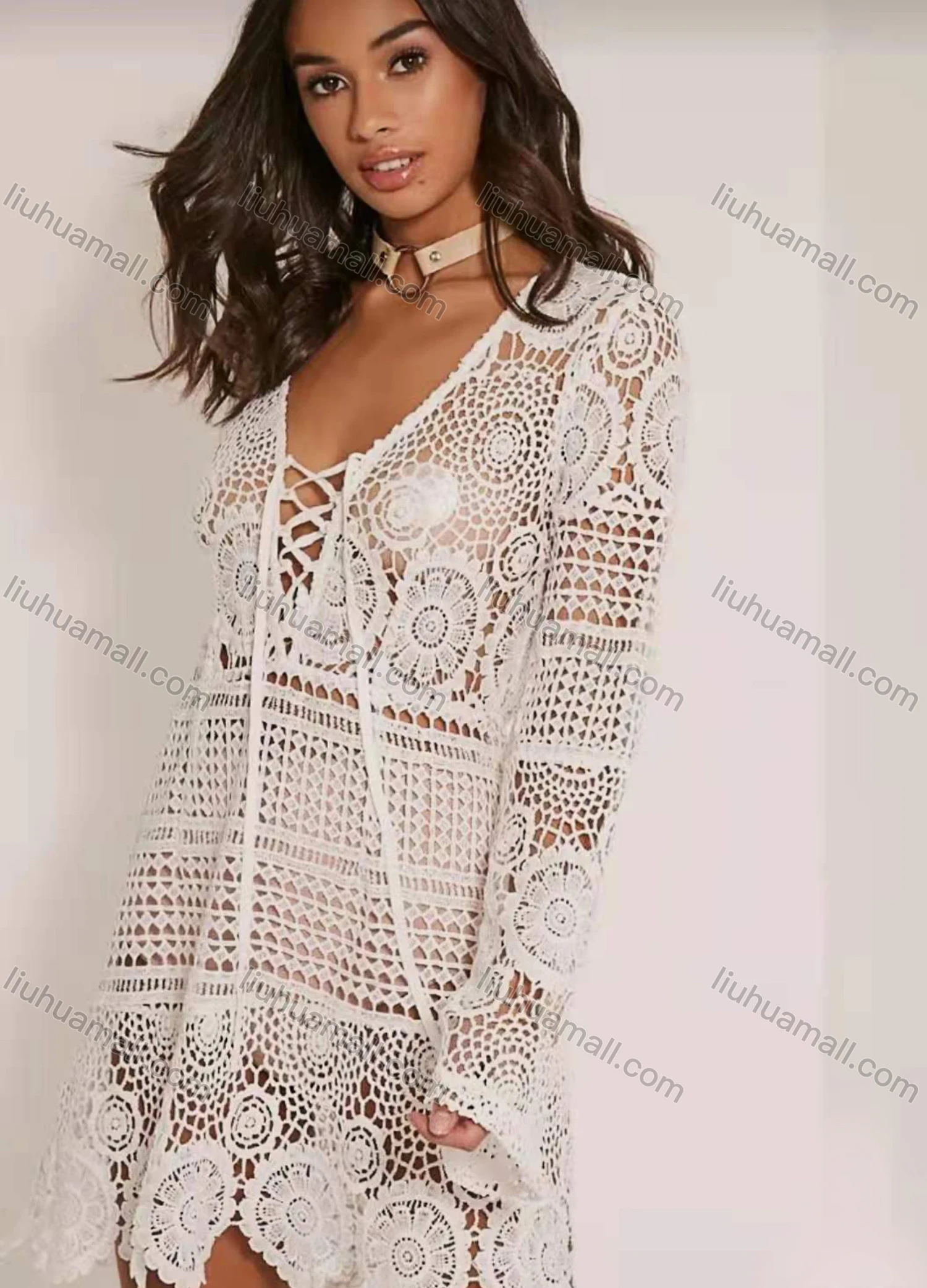 Wholesale Women's Sexy See Through Lace Up Hollow Out Cover Up Dress - Liuhuamall