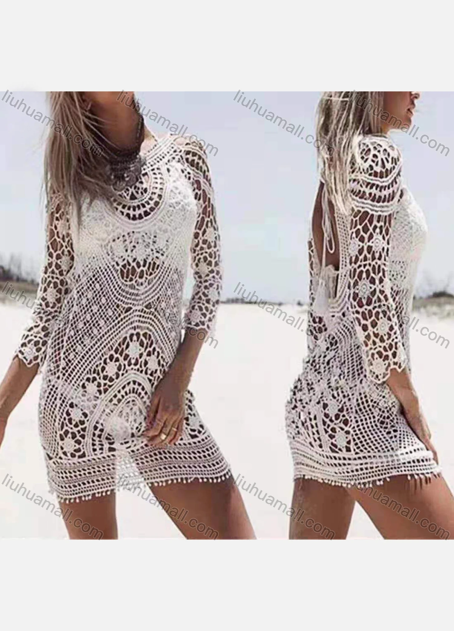 Wholesale Women's Sexy See Through Hollow Out Backless Cover Up Dress - Liuhuamall