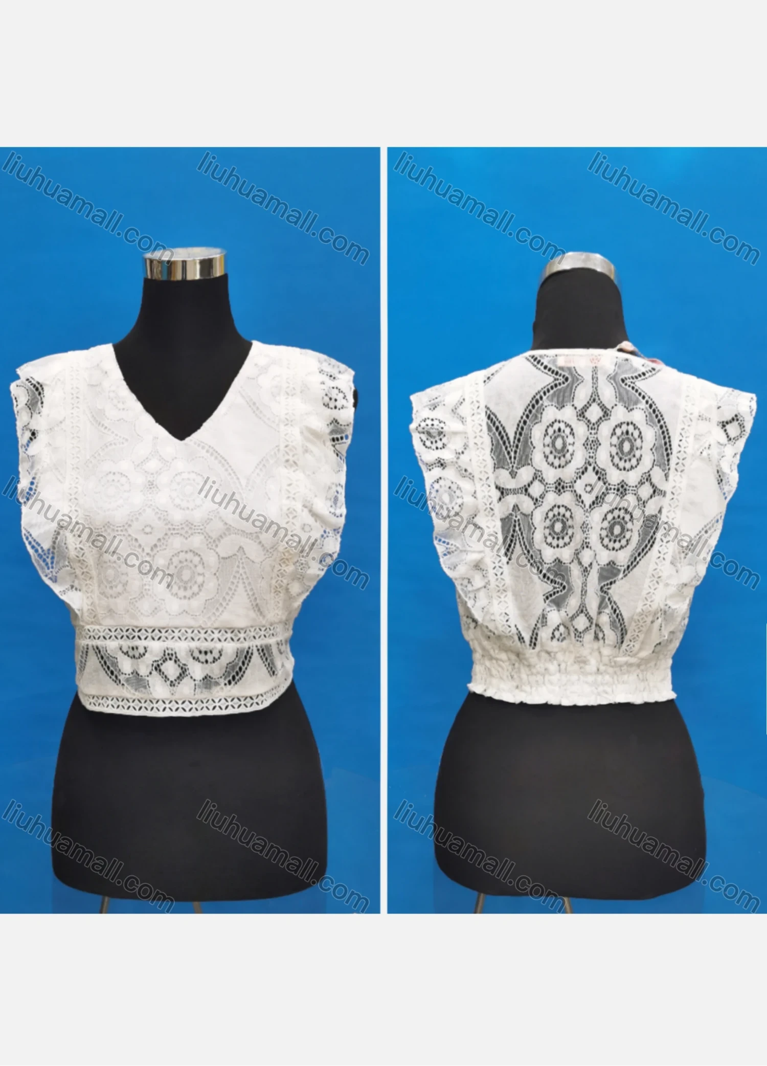 Wholesale Women's Casual V Neck Embroidery Lace Ruffle Trim Tank Tops - Liuhuamall