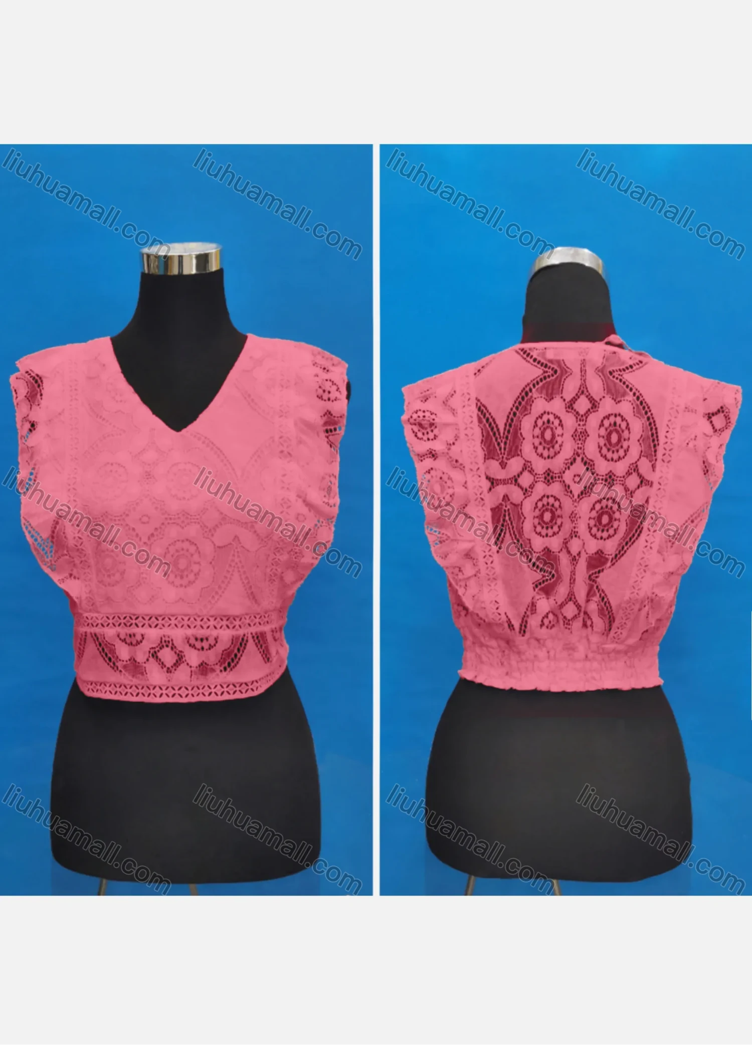 Wholesale Women's Casual V Neck Embroidery Lace Ruffle Trim Tank Tops - Liuhuamall