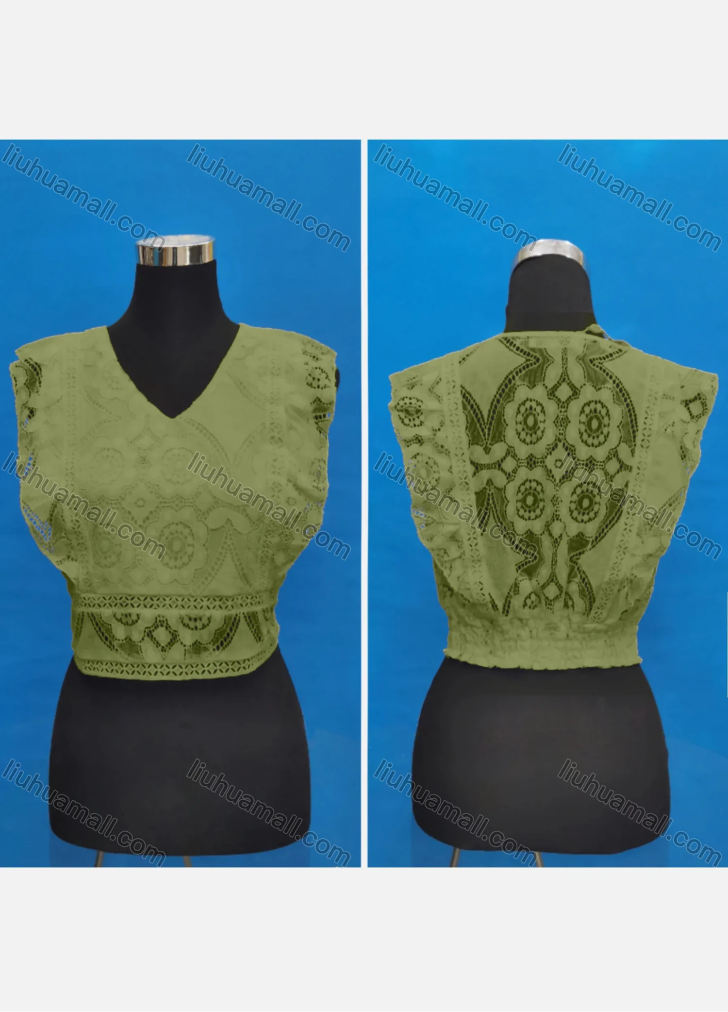 Wholesale Women's Casual V Neck Embroidery Lace Ruffle Trim Tank Tops - Liuhuamall