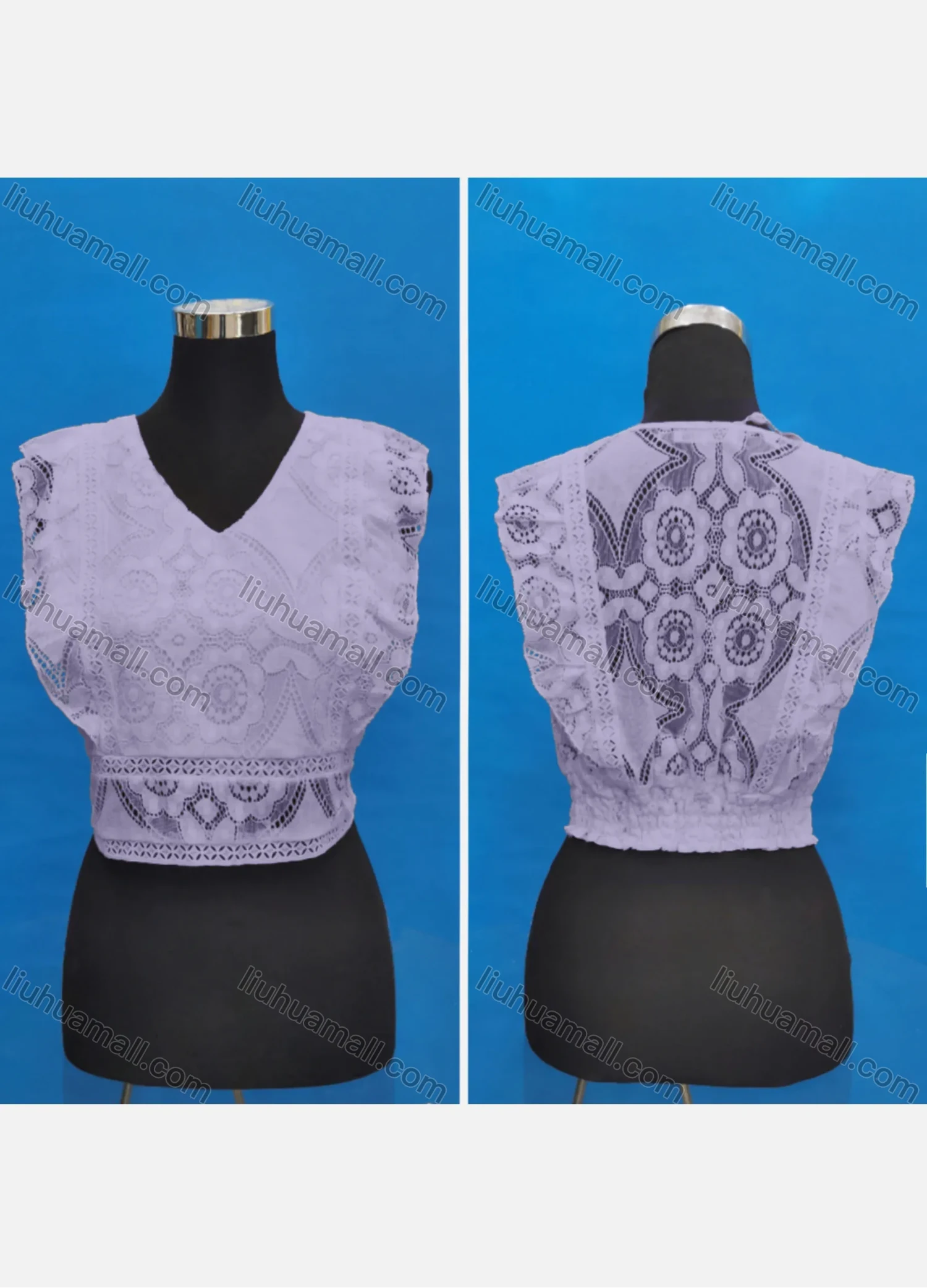 Wholesale Women's Casual V Neck Embroidery Lace Ruffle Trim Tank Tops - Liuhuamall