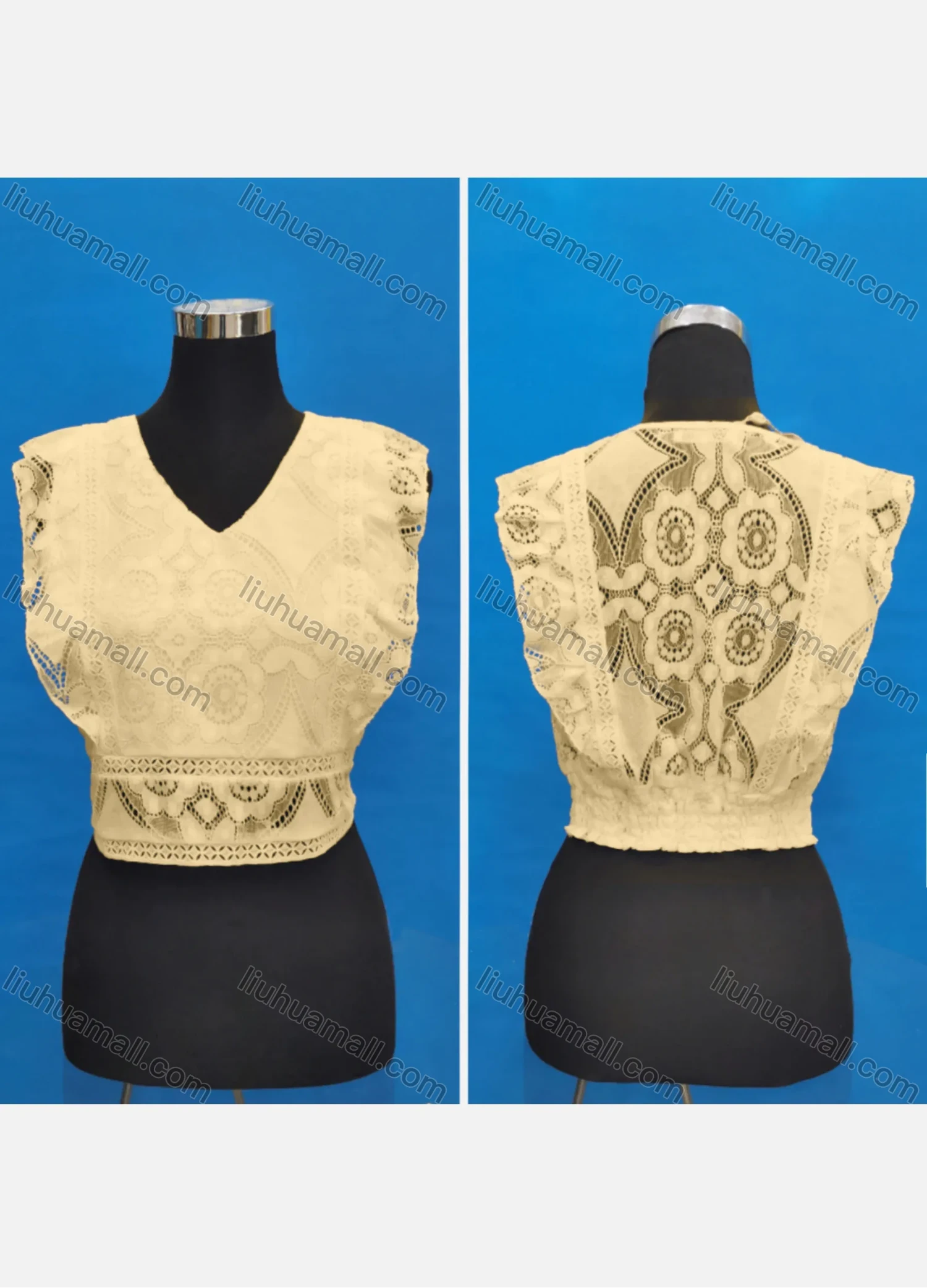 Wholesale Women's Casual V Neck Embroidery Lace Ruffle Trim Tank Tops - Liuhuamall