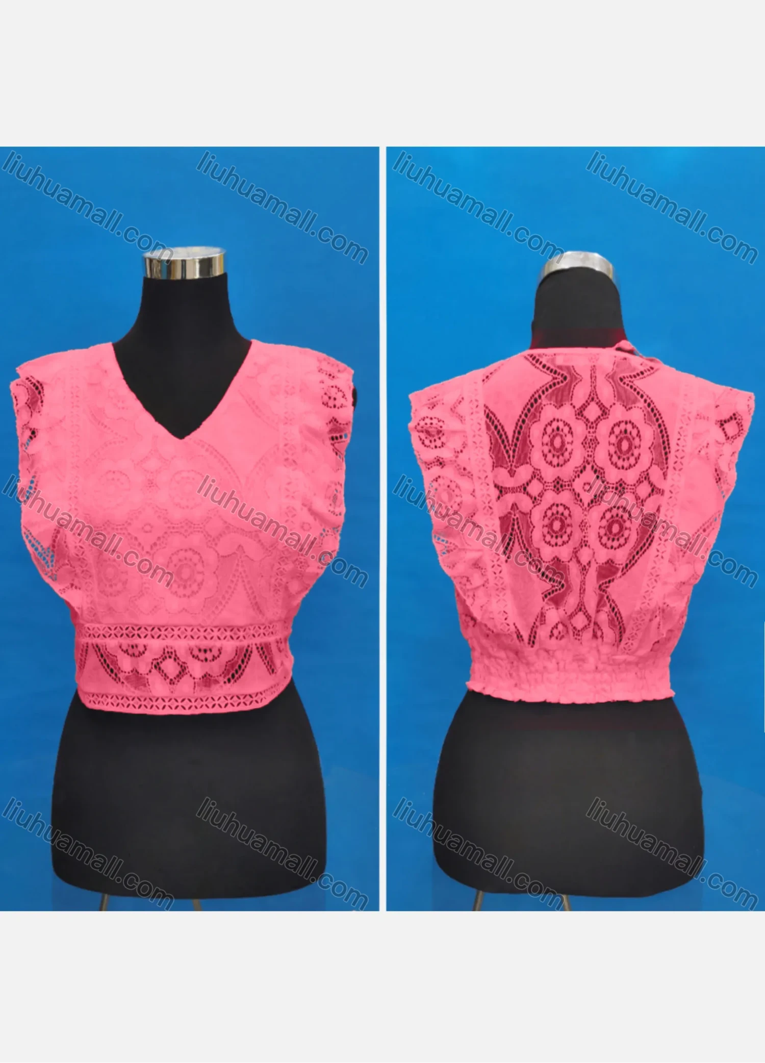Wholesale Women's Casual V Neck Embroidery Lace Ruffle Trim Tank Tops - Liuhuamall