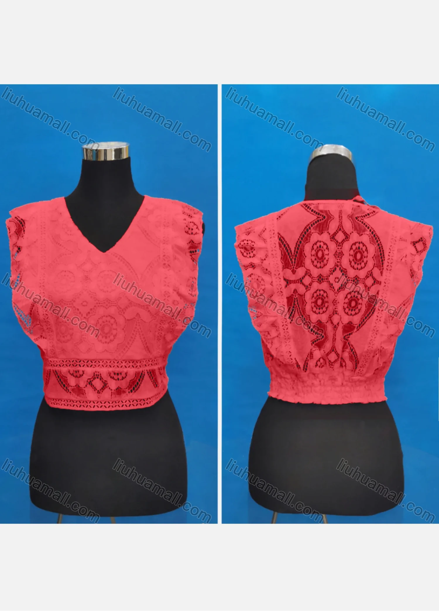 Wholesale Women's Casual V Neck Embroidery Lace Ruffle Trim Tank Tops - Liuhuamall