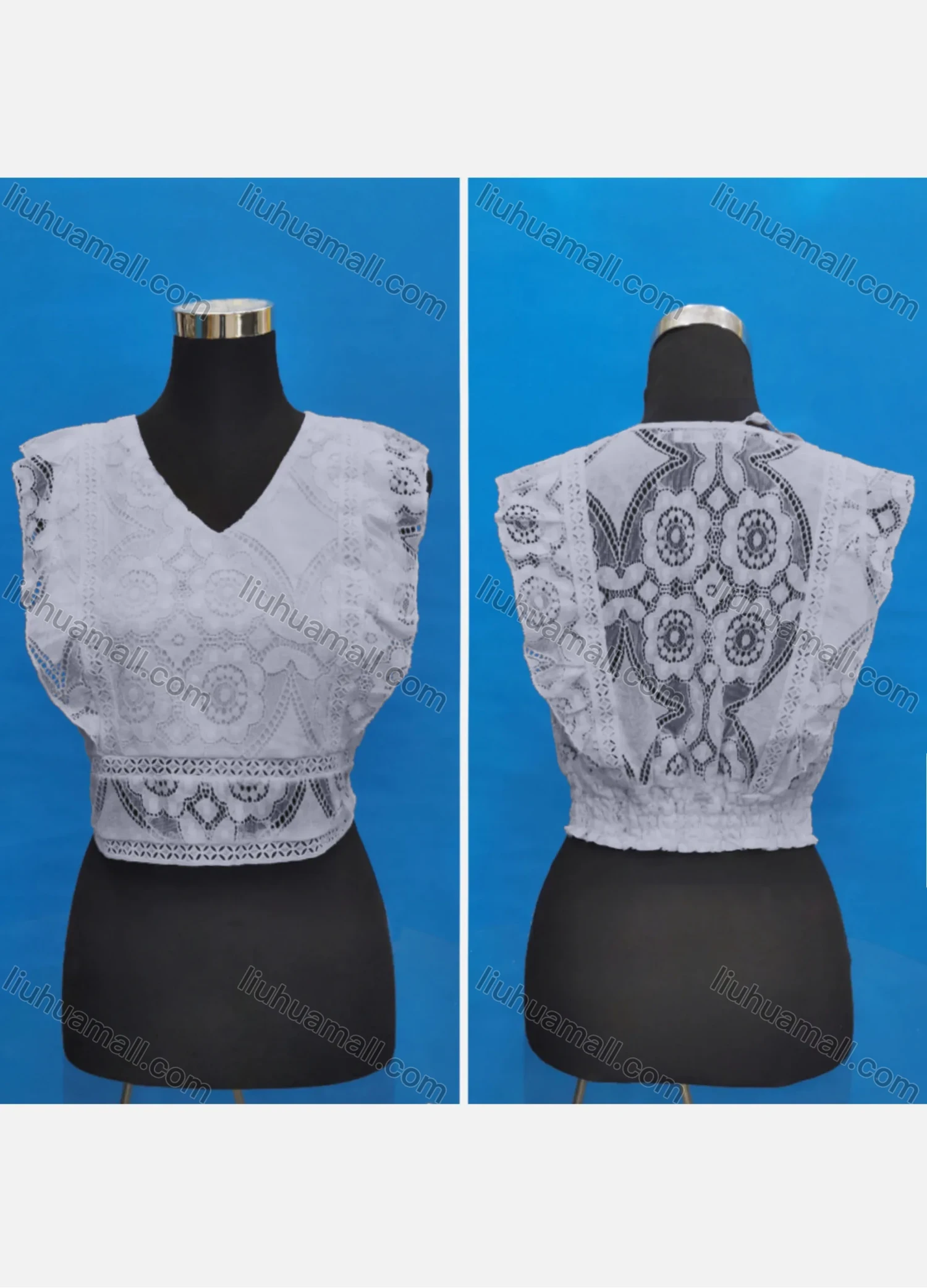 Wholesale Women's Casual V Neck Embroidery Lace Ruffle Trim Tank Tops - Liuhuamall