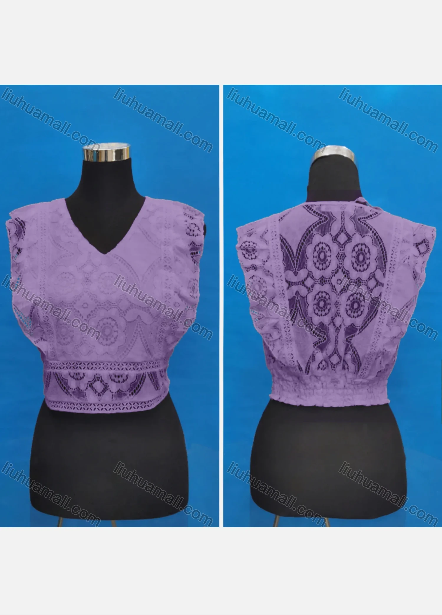 Wholesale Women's Casual V Neck Embroidery Lace Ruffle Trim Tank Tops - Liuhuamall