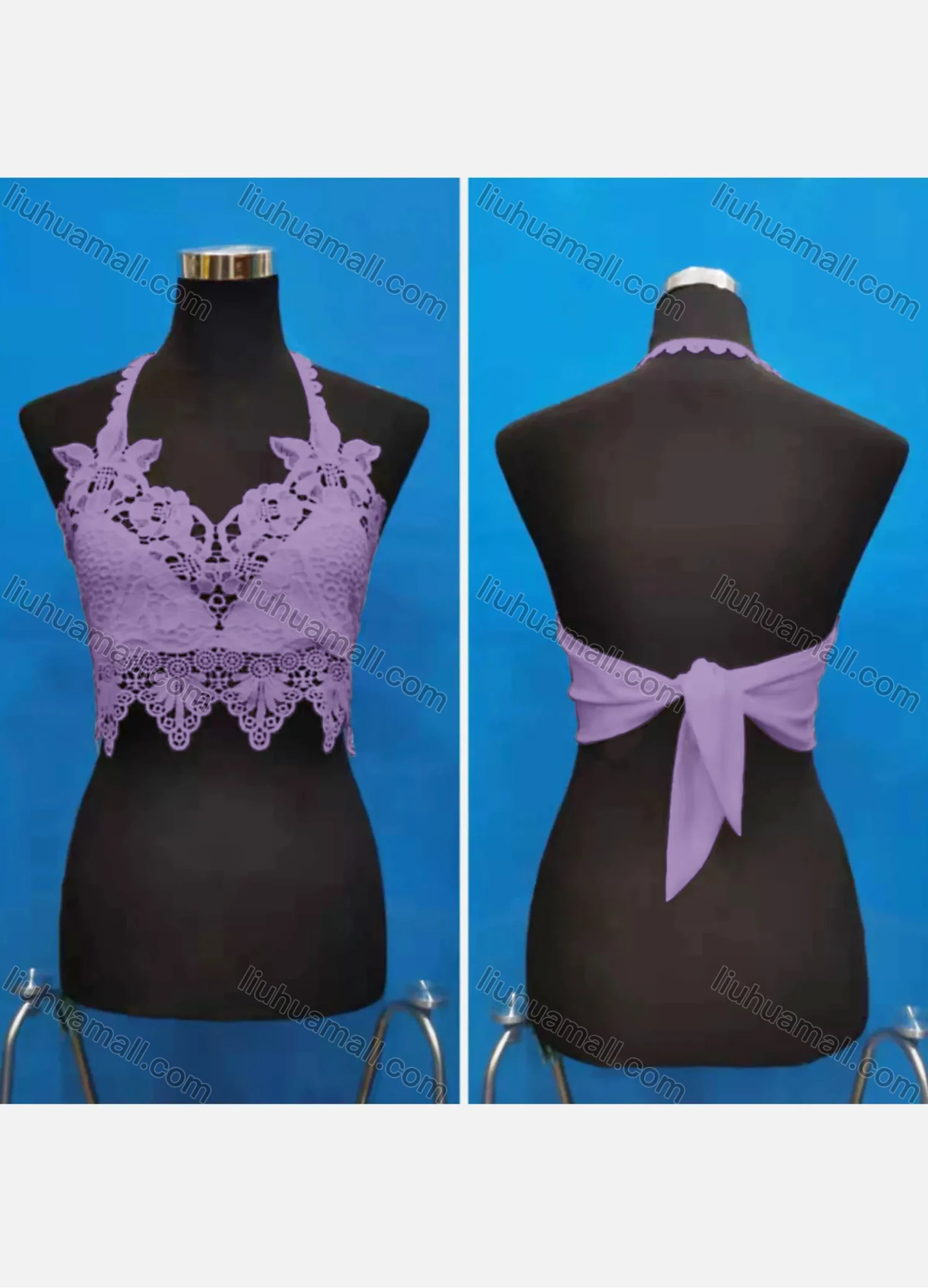 Wholesale Women's Sexy Halter Hollow Out Lace Trim Tie Back Crop Tops - Liuhuamall