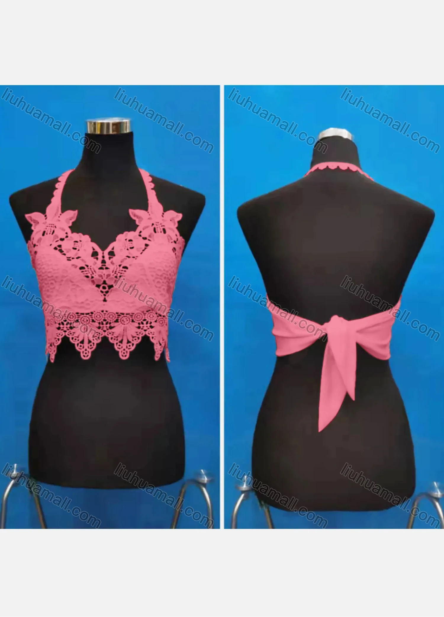 Wholesale Women's Sexy Halter Hollow Out Lace Trim Tie Back Crop Tops - Liuhuamall