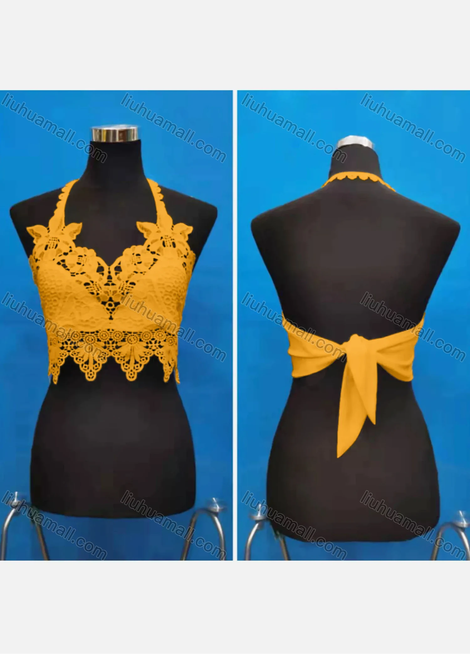 Wholesale Women's Sexy Halter Hollow Out Lace Trim Tie Back Crop Tops - Liuhuamall