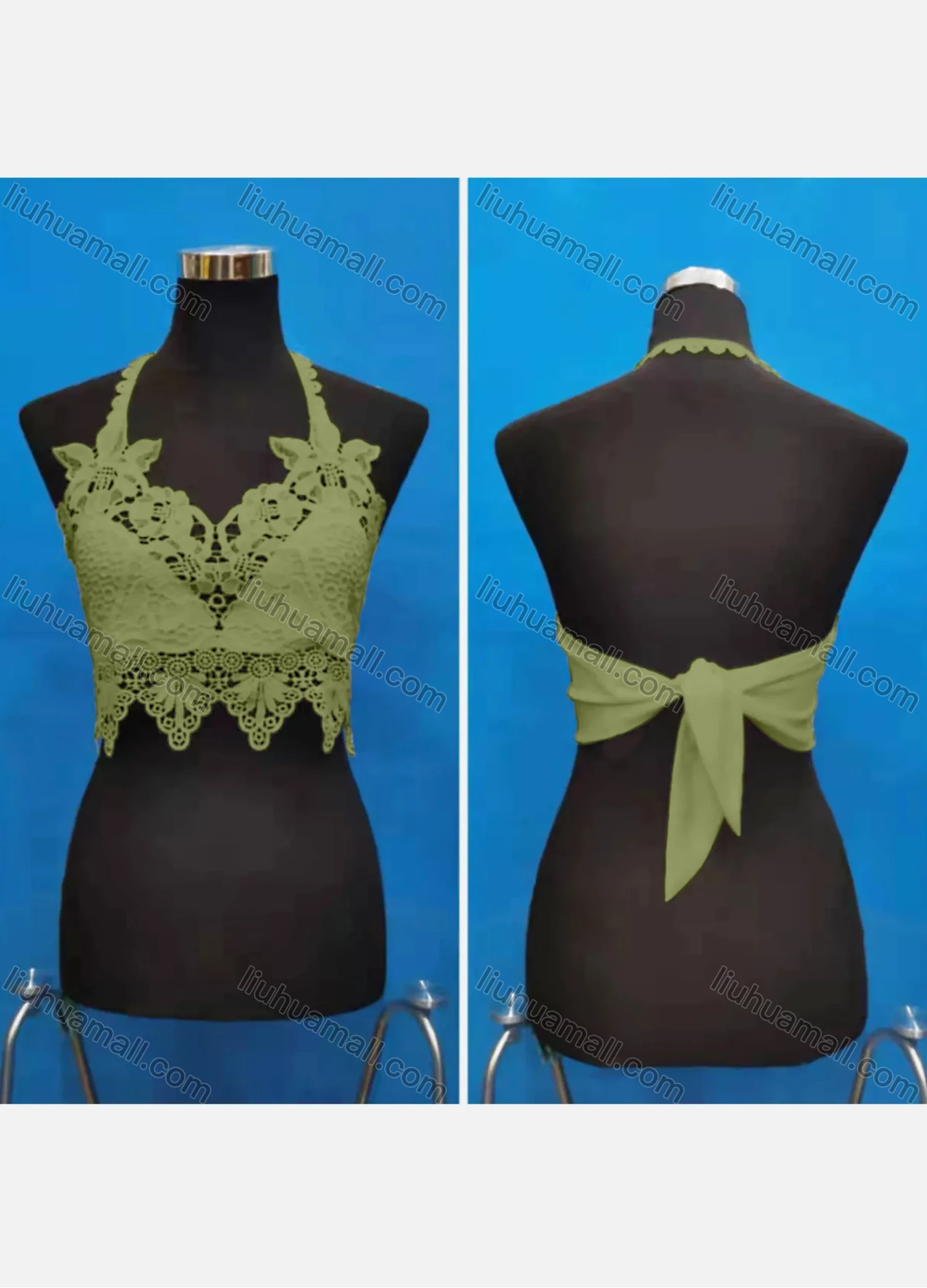 Wholesale Women's Sexy Halter Hollow Out Lace Trim Tie Back Crop Tops - Liuhuamall